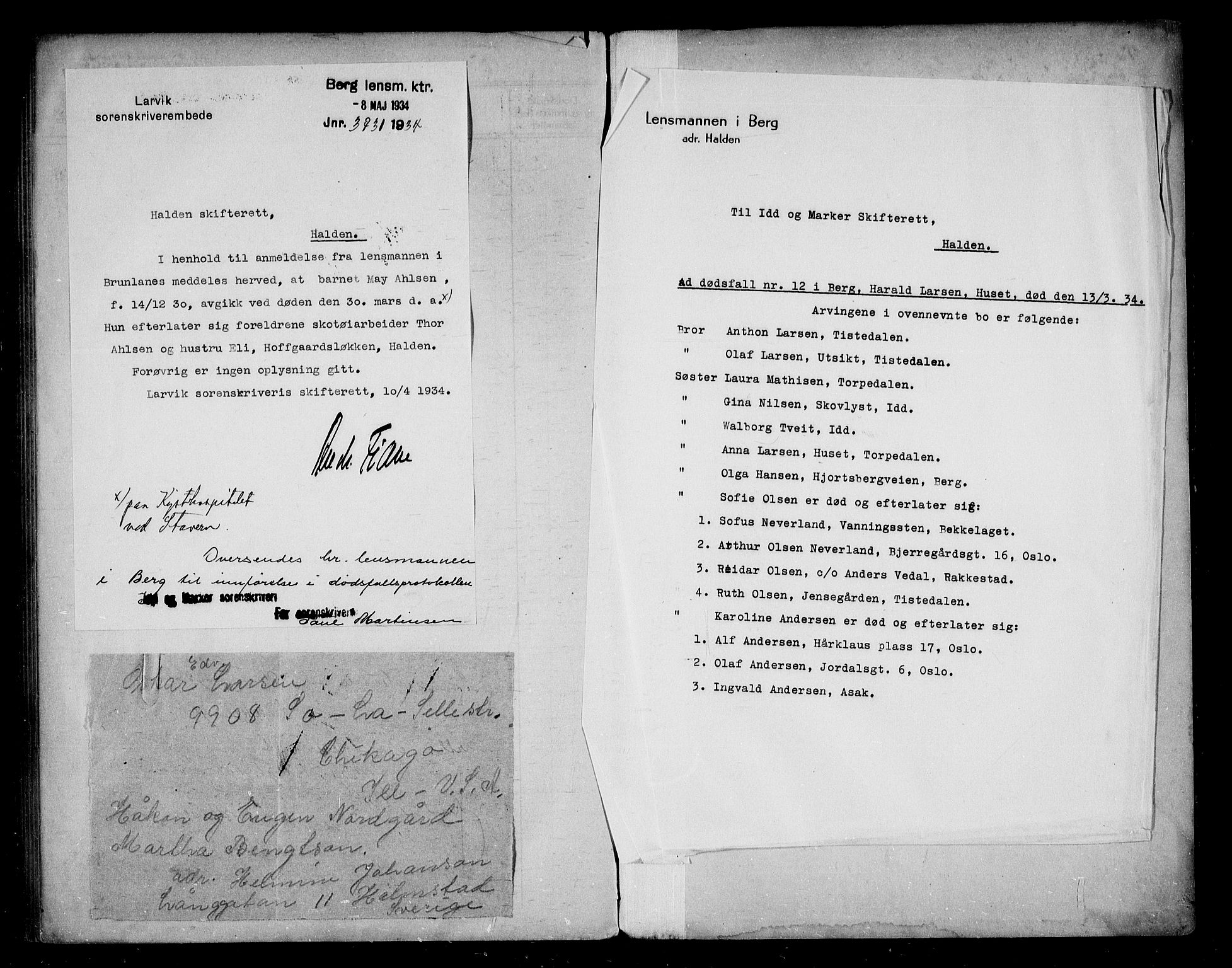 Berg lensmannskontor, AV/SAO-A-10263/H/Ha/Haa/L0003: Dødsfallsprotokoll, 1923-1934