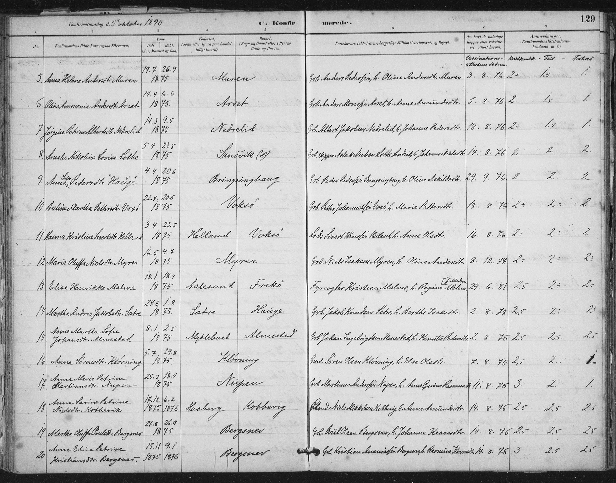 Ministerialprotokoller, klokkerbøker og fødselsregistre - Møre og Romsdal, AV/SAT-A-1454/503/L0037: Ministerialbok nr. 503A05, 1884-1900, s. 129