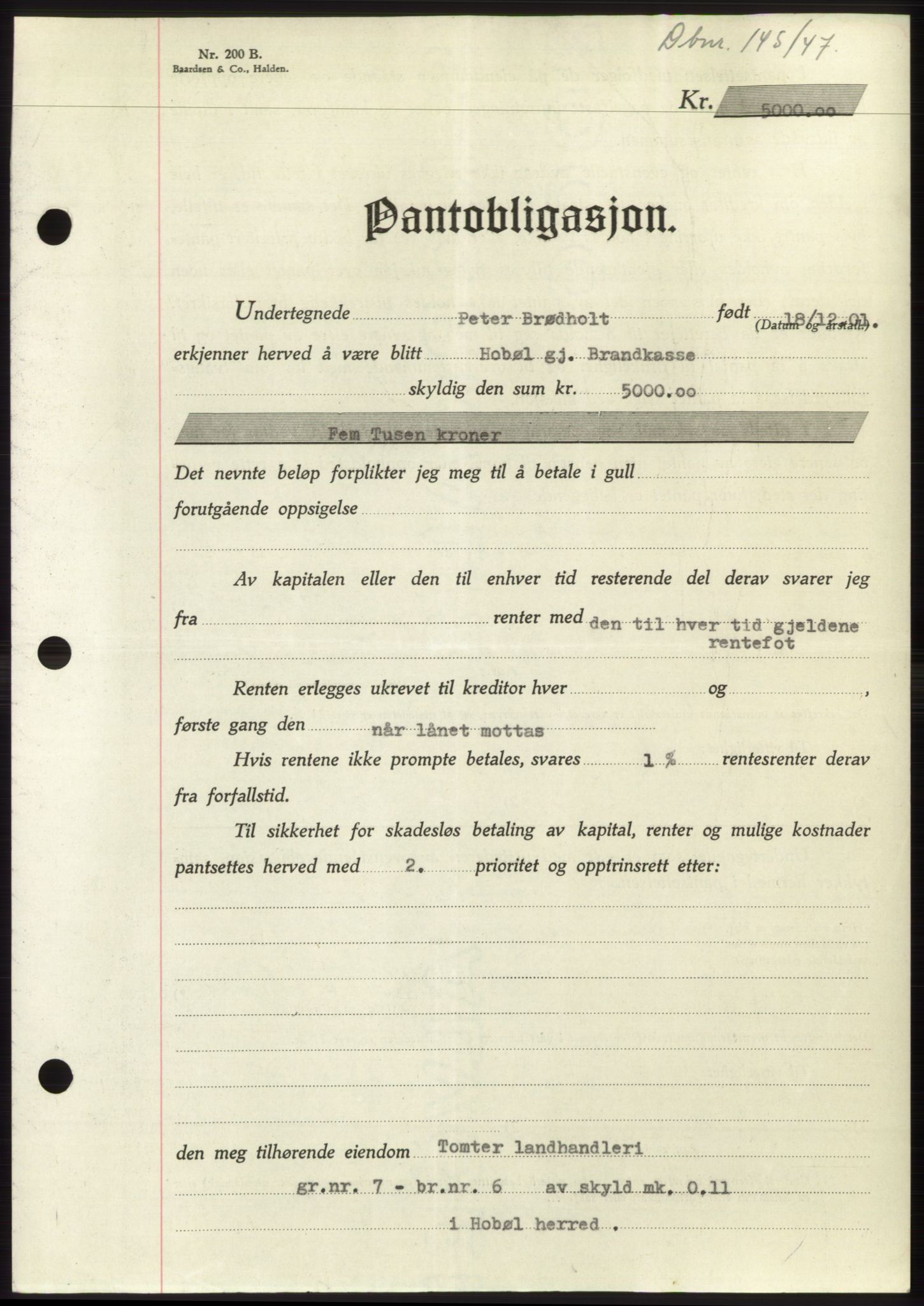 Moss sorenskriveri, SAO/A-10168: Pantebok nr. B16, 1946-1947, Dagboknr: 145/1947