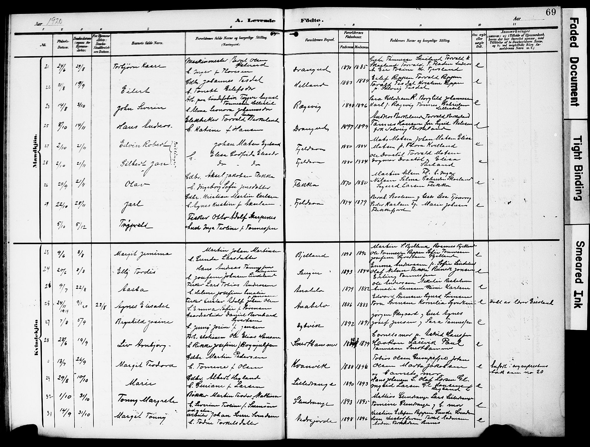 Flekkefjord sokneprestkontor, AV/SAK-1111-0012/F/Fb/Fbc/L0008: Klokkerbok nr. B 8, 1903-1931, s. 69