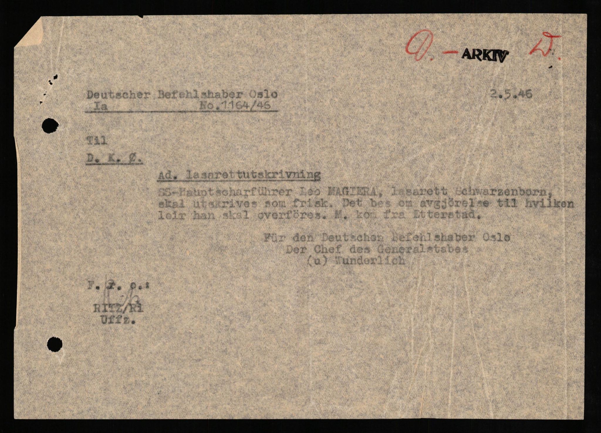 Forsvaret, Forsvarets overkommando II, RA/RAFA-3915/D/Db/L0021: CI Questionaires. Tyske okkupasjonsstyrker i Norge. Tyskere., 1945-1946, s. 52