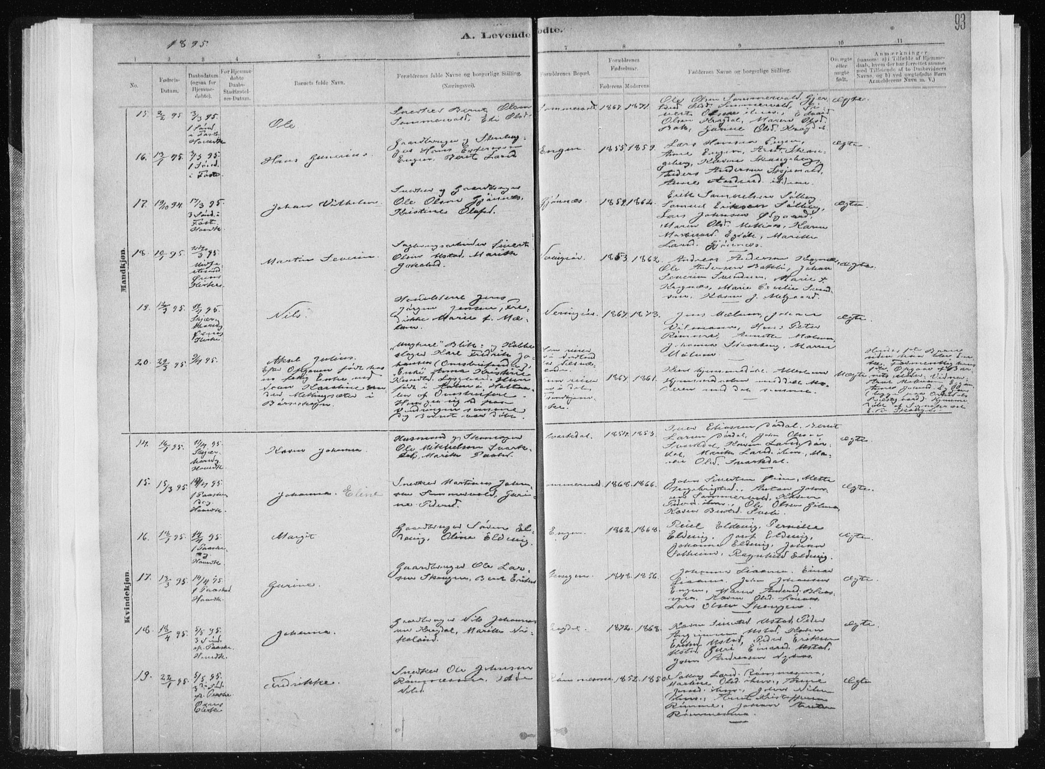 Ministerialprotokoller, klokkerbøker og fødselsregistre - Sør-Trøndelag, AV/SAT-A-1456/668/L0818: Klokkerbok nr. 668C07, 1885-1898, s. 93