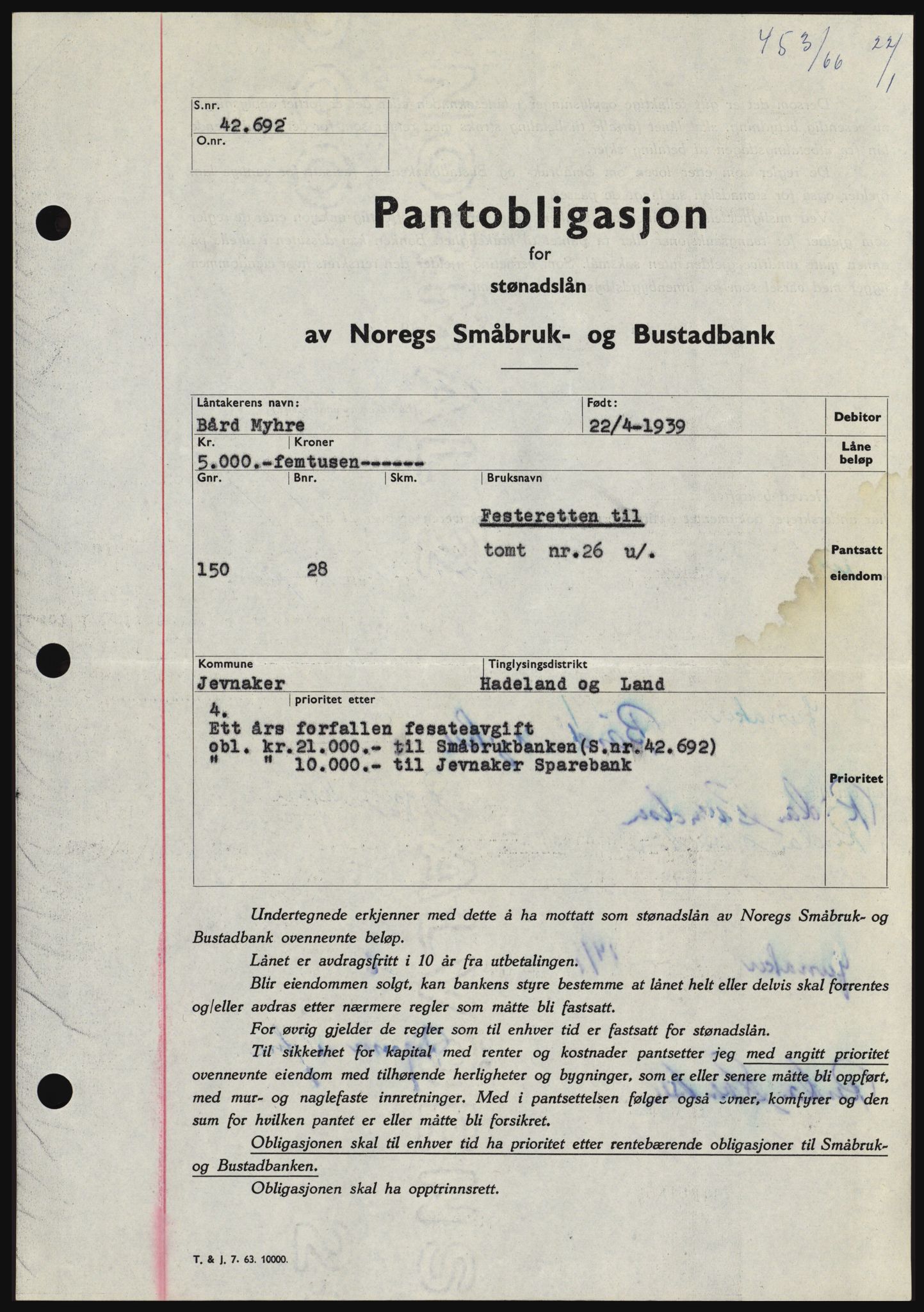 Hadeland og Land tingrett, SAH/TING-010/H/Hb/Hbc/L0061: Pantebok nr. B61, 1965-1966, Dagboknr: 453/1966