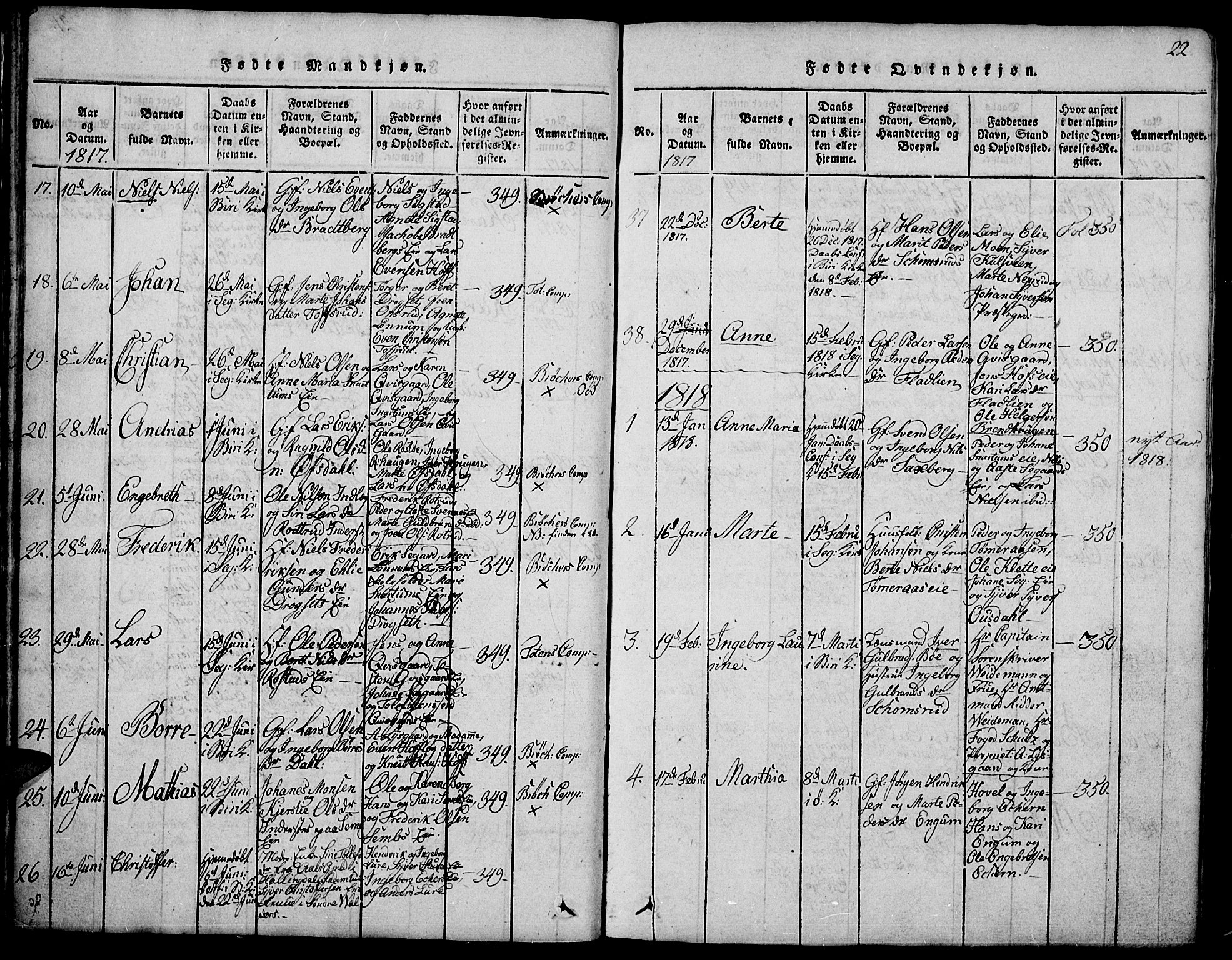 Biri prestekontor, AV/SAH-PREST-096/H/Ha/Hab/L0001: Klokkerbok nr. 1, 1814-1828, s. 22