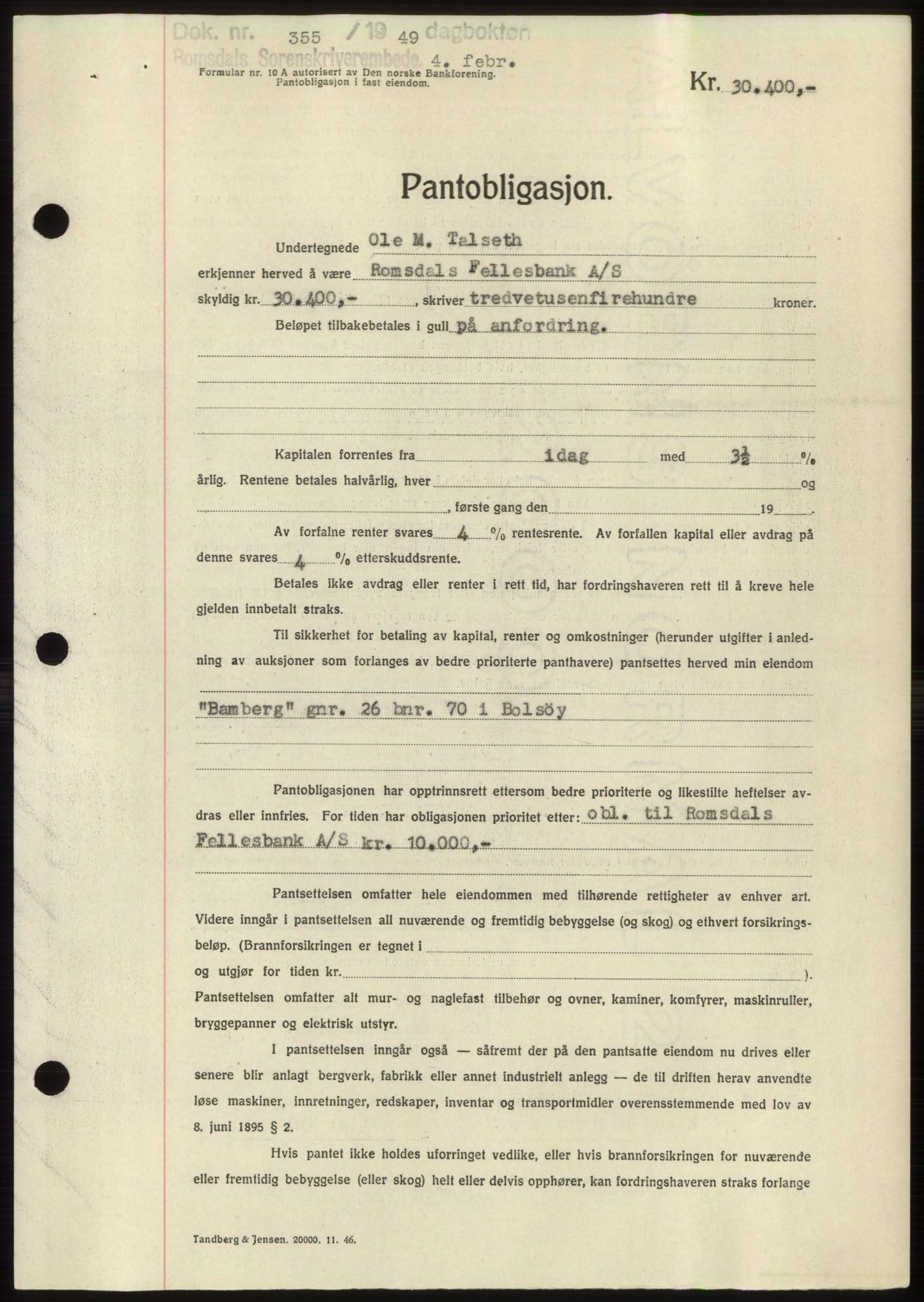 Romsdal sorenskriveri, SAT/A-4149/1/2/2C: Pantebok nr. B4, 1948-1949, Dagboknr: 355/1949