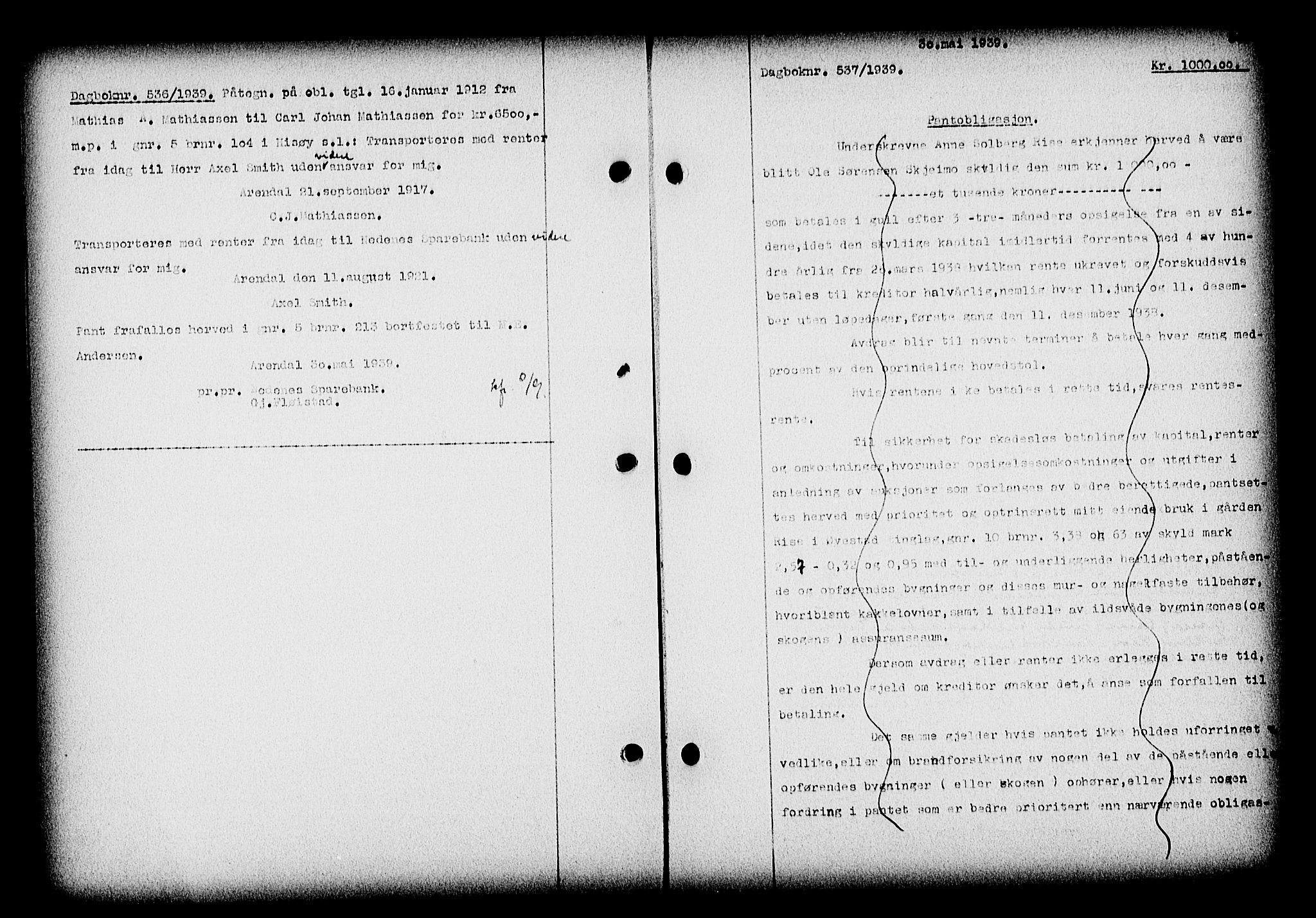 Nedenes sorenskriveri, SAK/1221-0006/G/Gb/Gba/L0046: Pantebok nr. 42, 1938-1939, Dagboknr: 537/1939