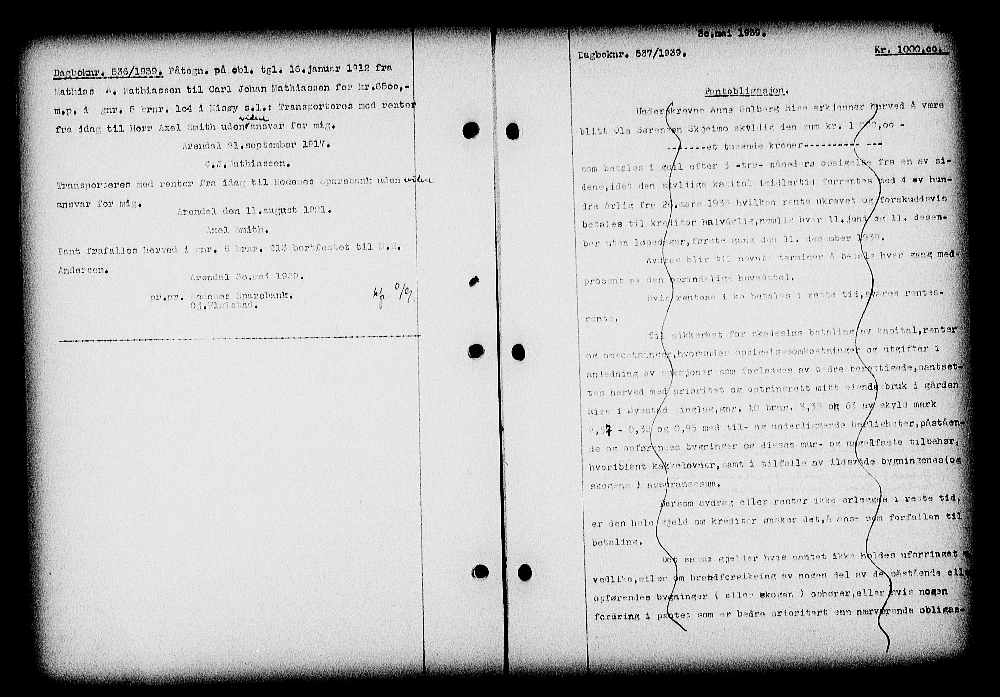 Nedenes sorenskriveri, AV/SAK-1221-0006/G/Gb/Gba/L0046: Pantebok nr. 42, 1938-1939, Dagboknr: 537/1939