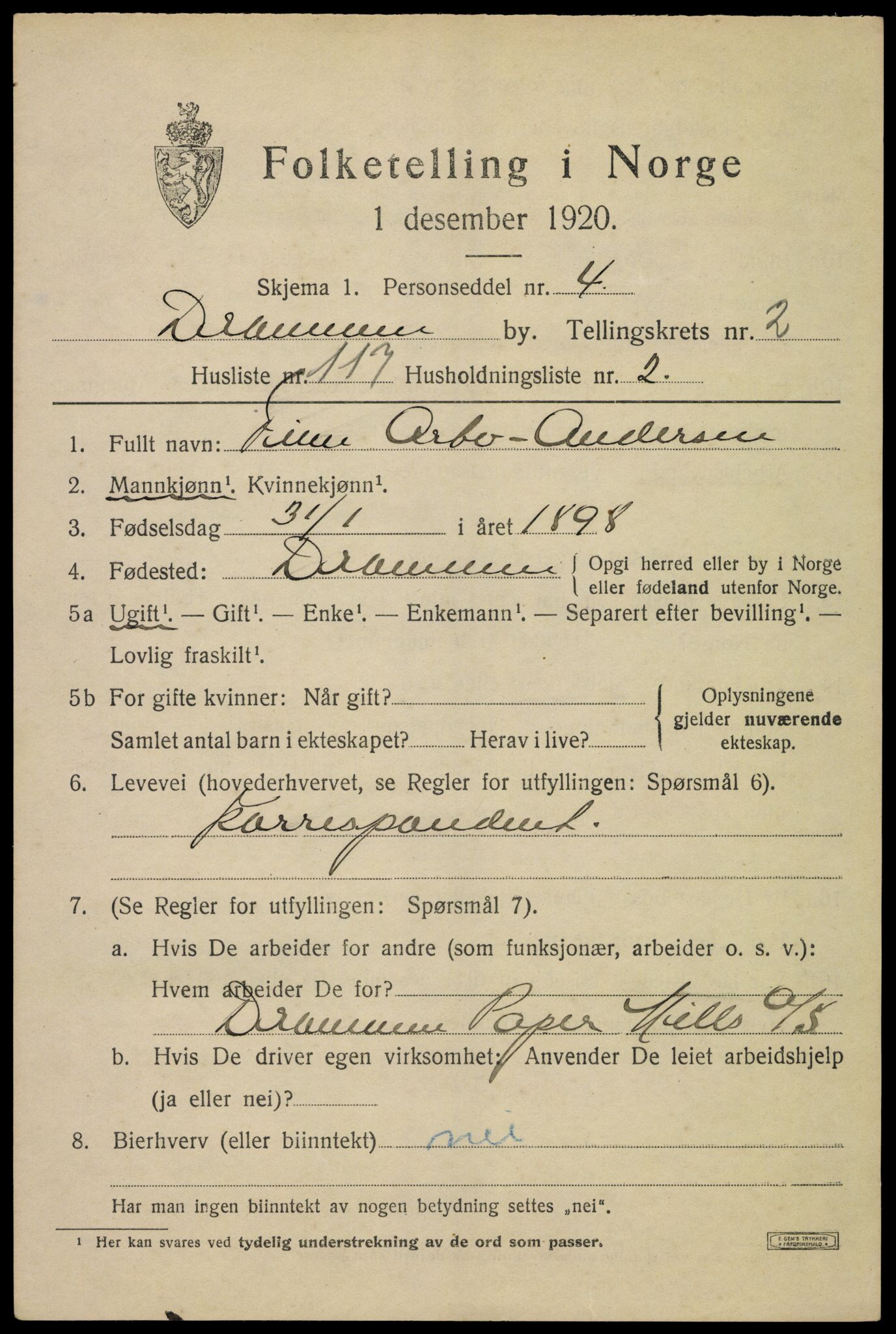 SAKO, Folketelling 1920 for 0602 Drammen kjøpstad, 1920, s. 27473