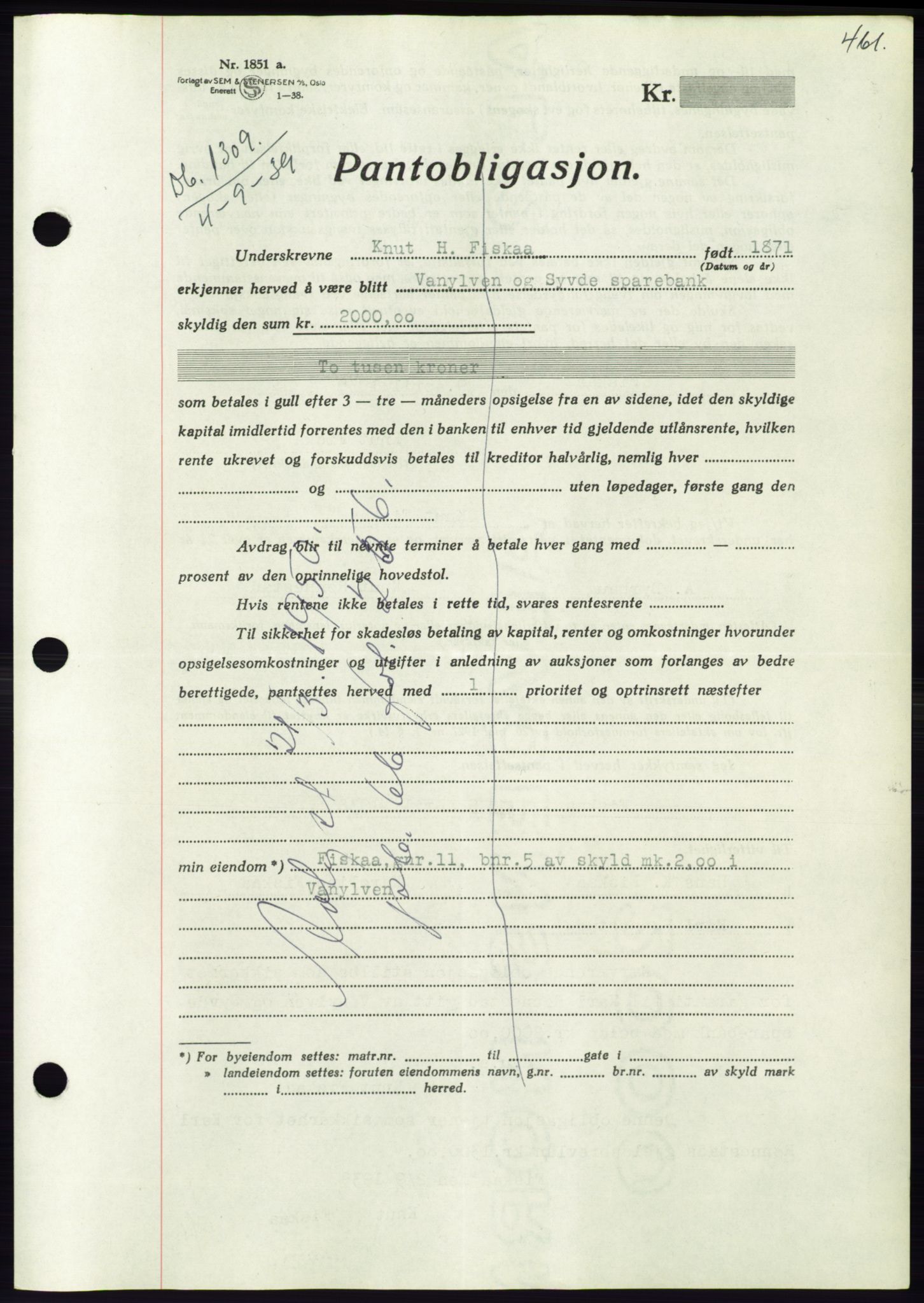 Søre Sunnmøre sorenskriveri, AV/SAT-A-4122/1/2/2C/L0068: Pantebok nr. 62, 1939-1939, Dagboknr: 1309/1939