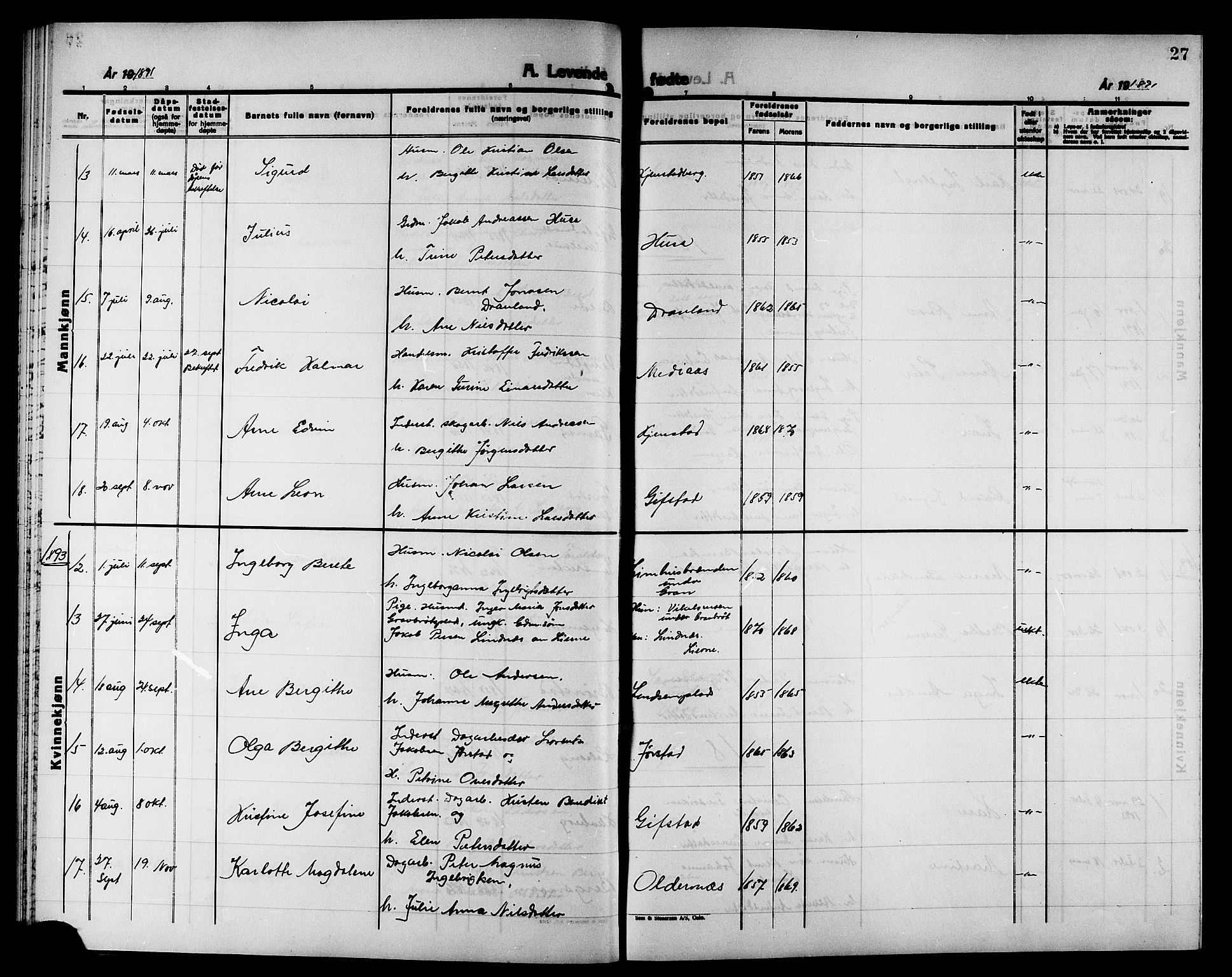 Ministerialprotokoller, klokkerbøker og fødselsregistre - Nord-Trøndelag, AV/SAT-A-1458/749/L0487: Ministerialbok nr. 749D03, 1887-1902, s. 27