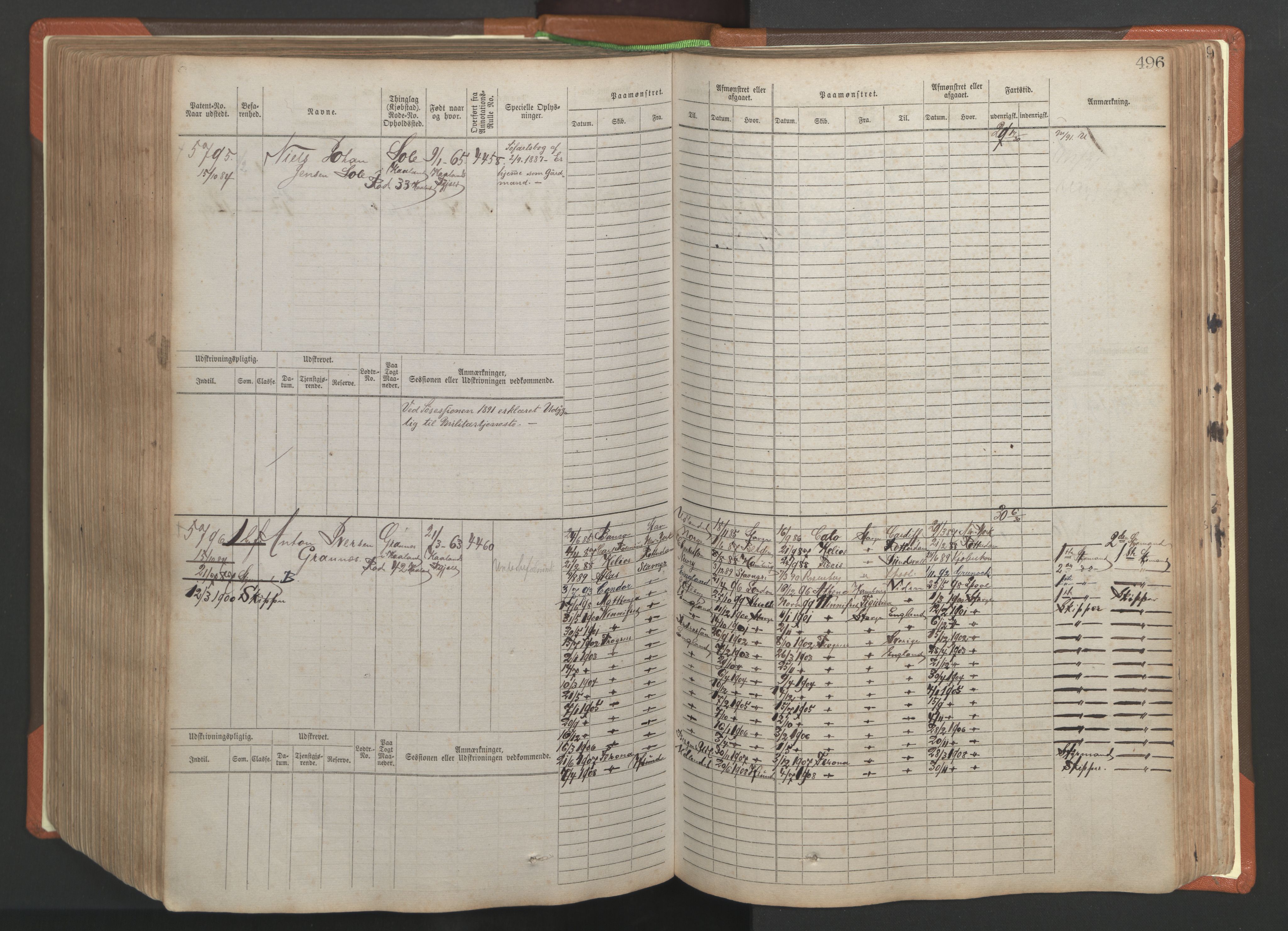 Stavanger sjømannskontor, AV/SAST-A-102006/F/Fb/Fbb/L0009: Sjøfartshovedrulle, patentnr. 4805-6006, 1879-1887, s. 502