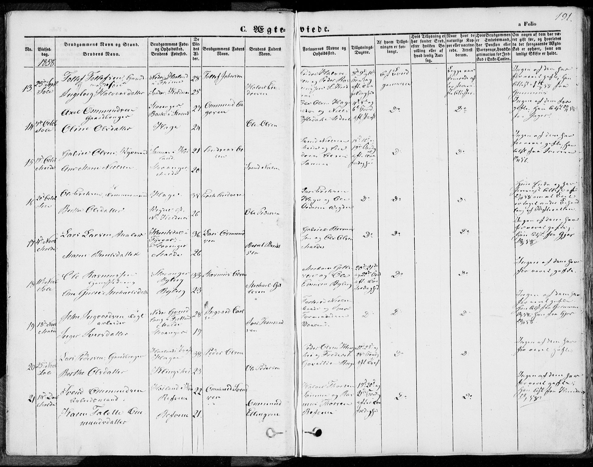 Håland sokneprestkontor, AV/SAST-A-101802/001/30BA/L0008: Ministerialbok nr. A 7.2, 1854-1870, s. 191