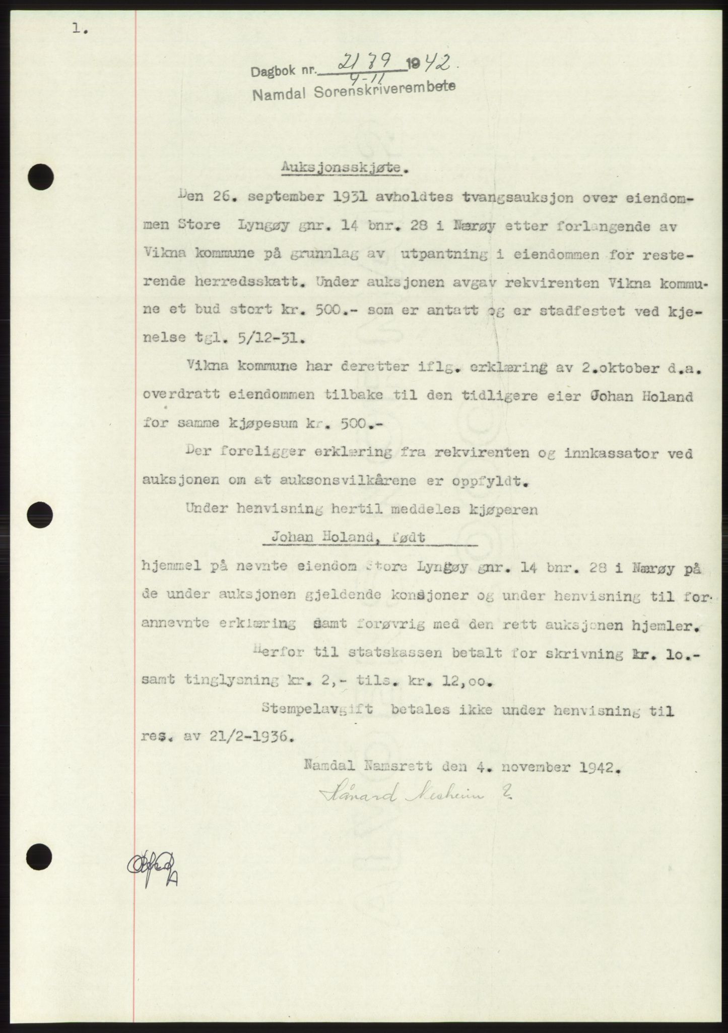 Namdal sorenskriveri, SAT/A-4133/1/2/2C: Pantebok nr. -, 1942-1943, Dagboknr: 2179/1942