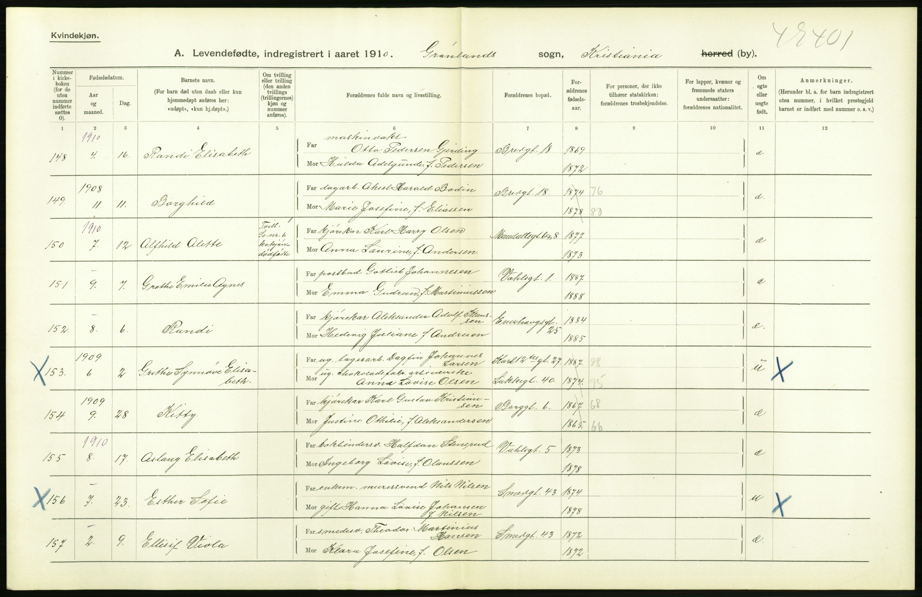 Statistisk sentralbyrå, Sosiodemografiske emner, Befolkning, AV/RA-S-2228/D/Df/Dfa/Dfah/L0007: Kristiania: Levendefødte kvinner., 1910, s. 458