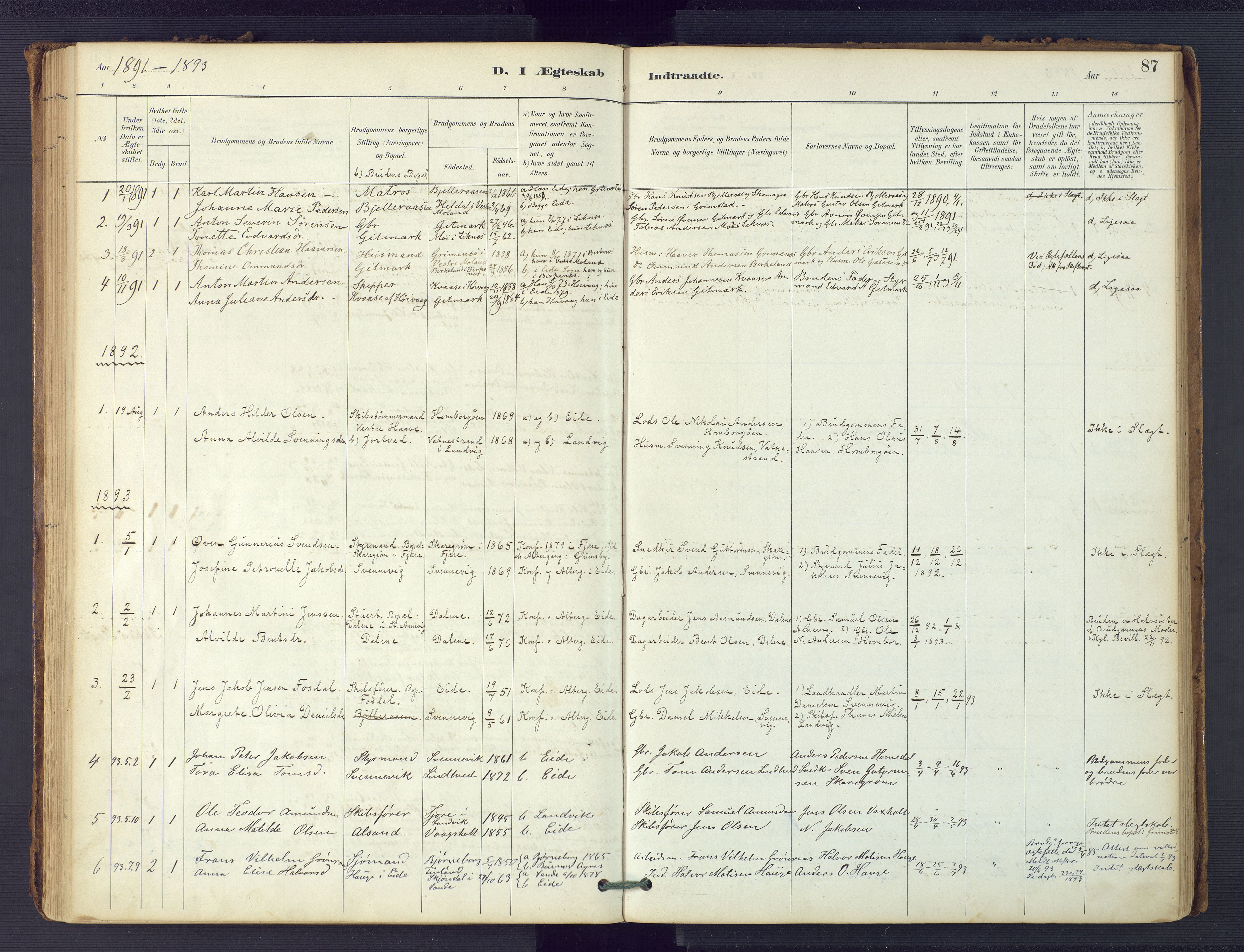 Hommedal sokneprestkontor, SAK/1111-0023/F/Fa/Faa/L0003: Ministerialbok nr. A 3, 1885-1916, s. 87