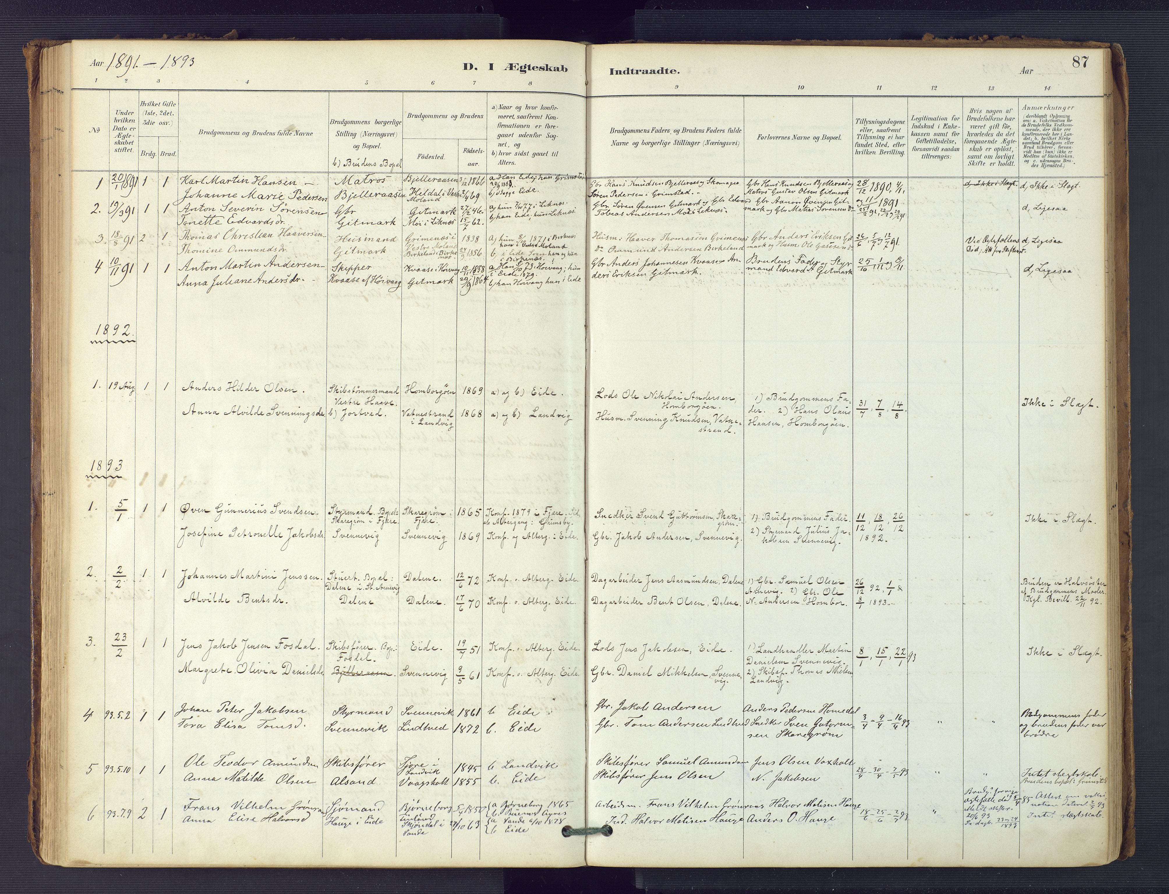 Hommedal sokneprestkontor, AV/SAK-1111-0023/F/Fa/Faa/L0003: Ministerialbok nr. A 3, 1885-1916, s. 87