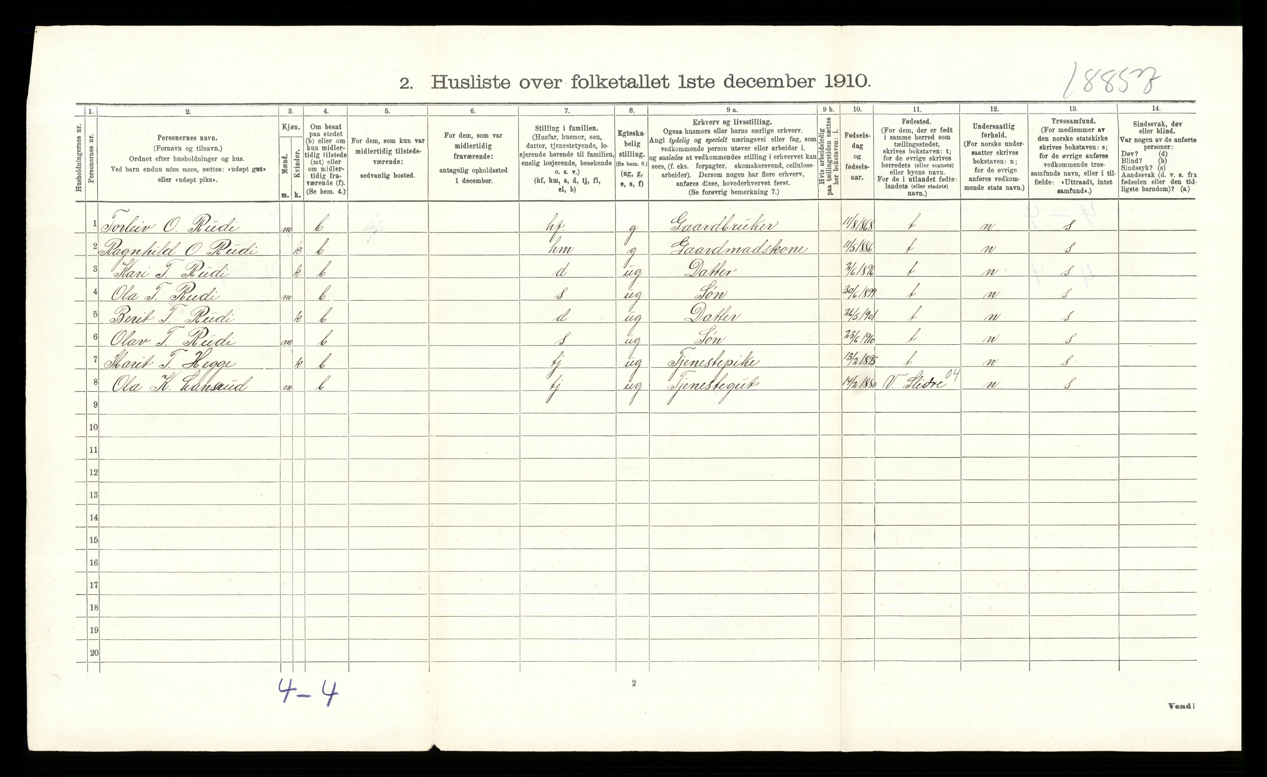 RA, Folketelling 1910 for 0544 Øystre Slidre herred, 1910, s. 241