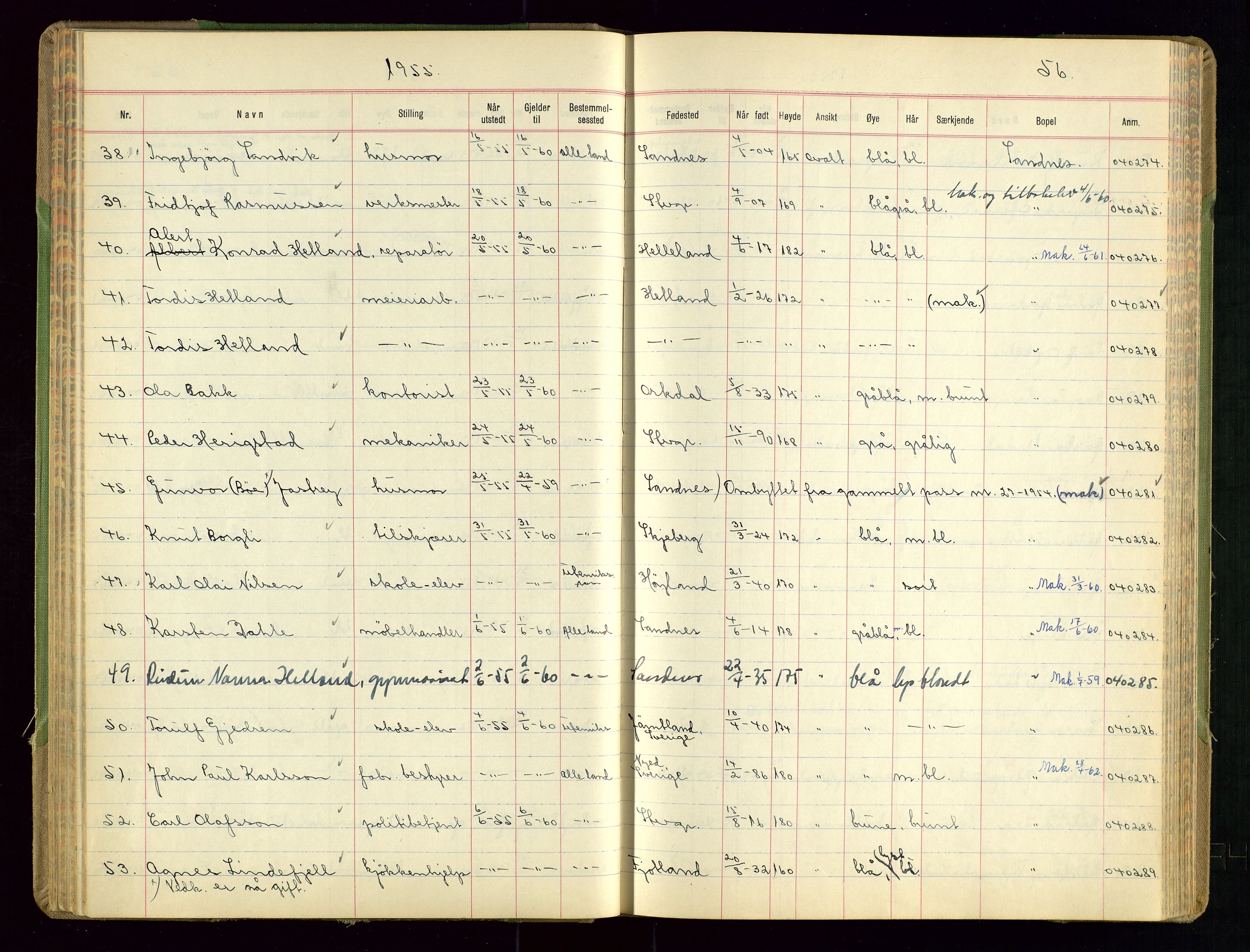 Sandnes politikammer, AV/SAST-A-100446/K/L0008: Passprotokoll, 1951-1962, s. 56