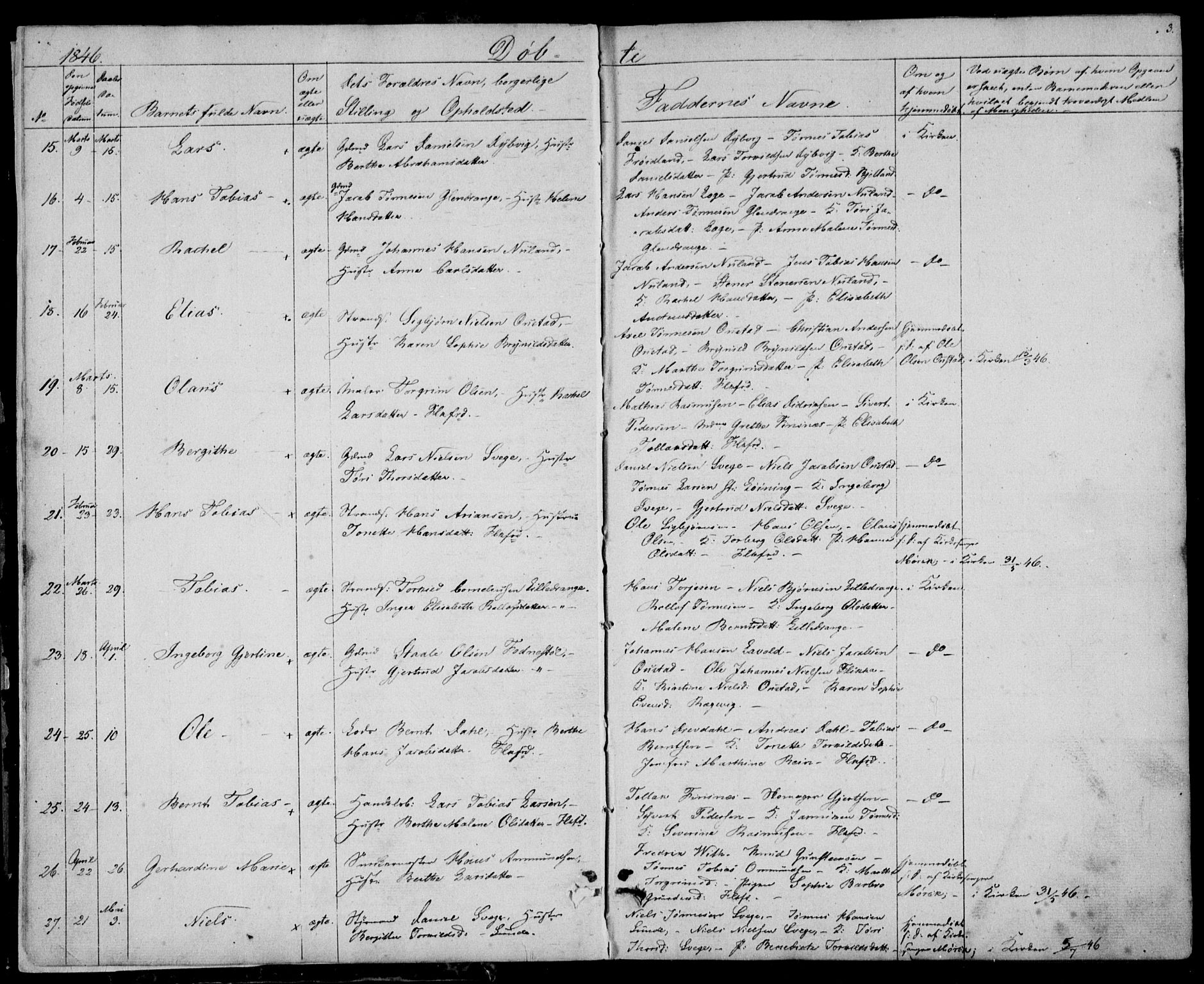 Flekkefjord sokneprestkontor, AV/SAK-1111-0012/F/Fb/Fbc/L0005: Klokkerbok nr. B 5, 1846-1866, s. 3