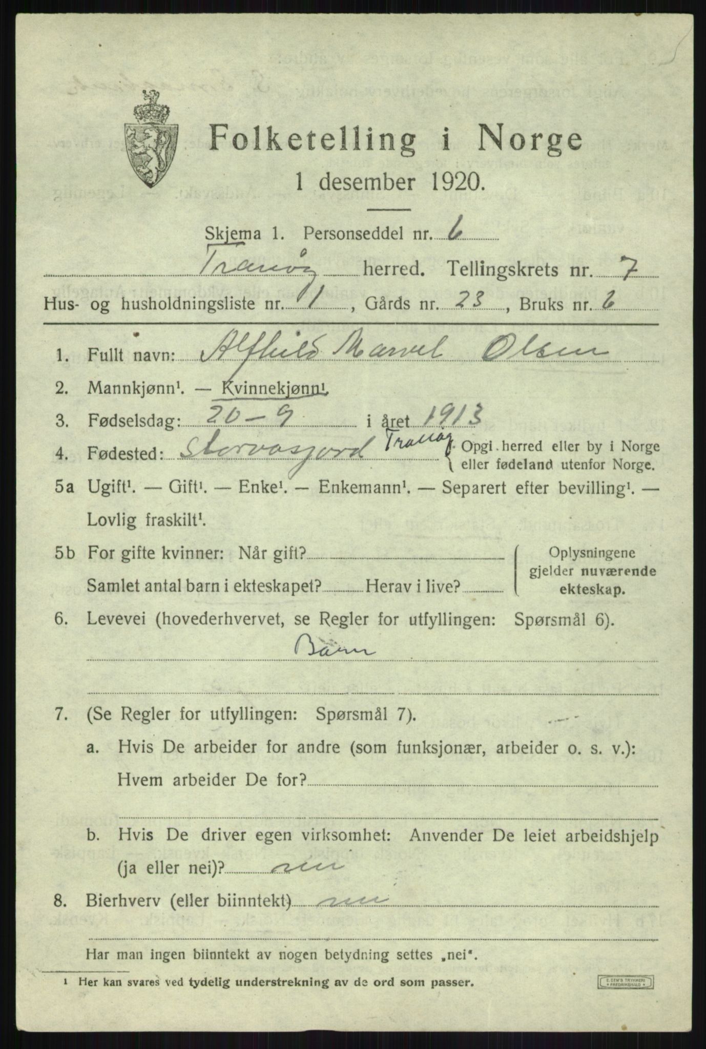 SATØ, Folketelling 1920 for 1927 Tranøy herred, 1920, s. 3377