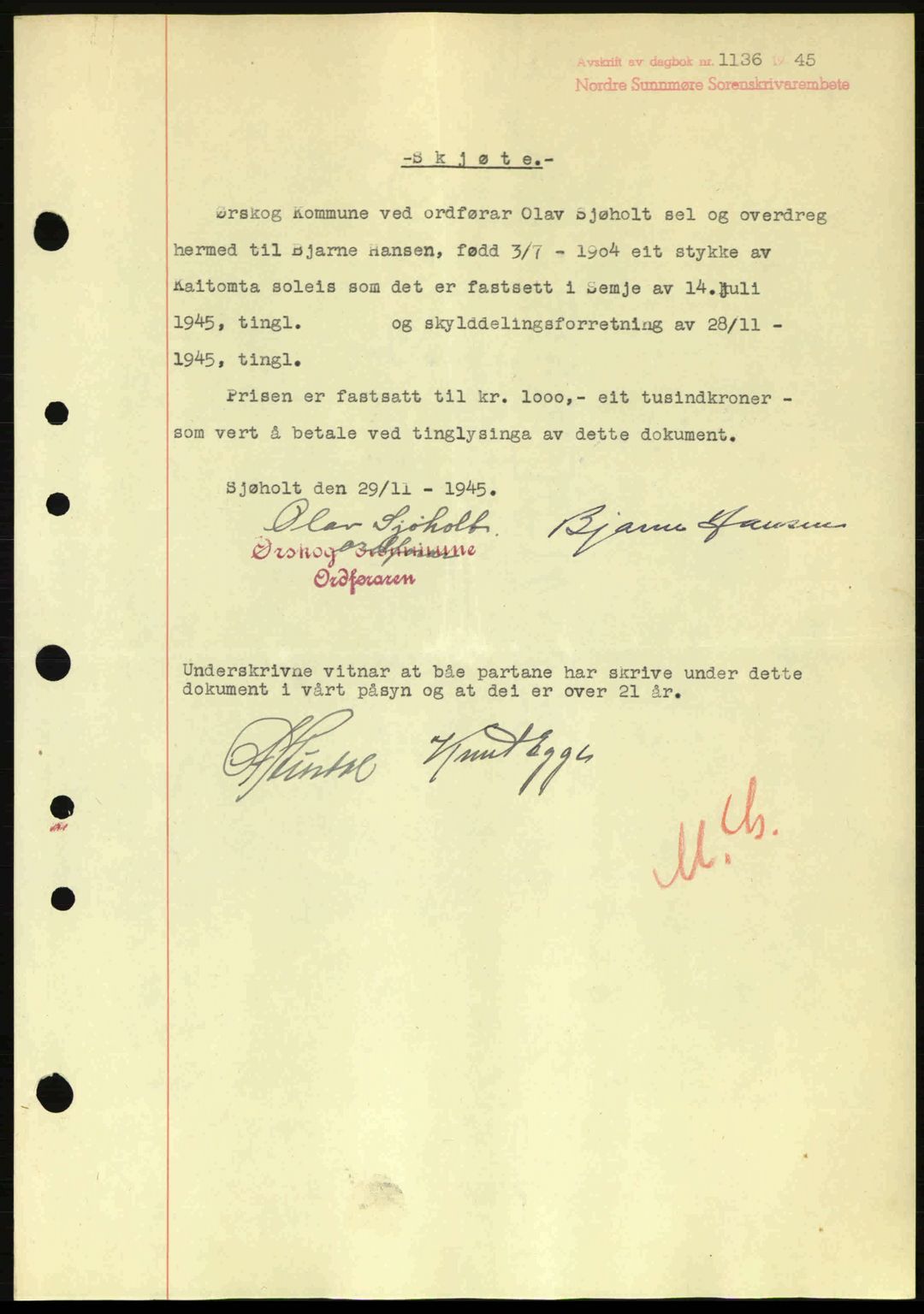 Nordre Sunnmøre sorenskriveri, AV/SAT-A-0006/1/2/2C/2Ca: Pantebok nr. A20a, 1945-1945, Dagboknr: 1136/1945