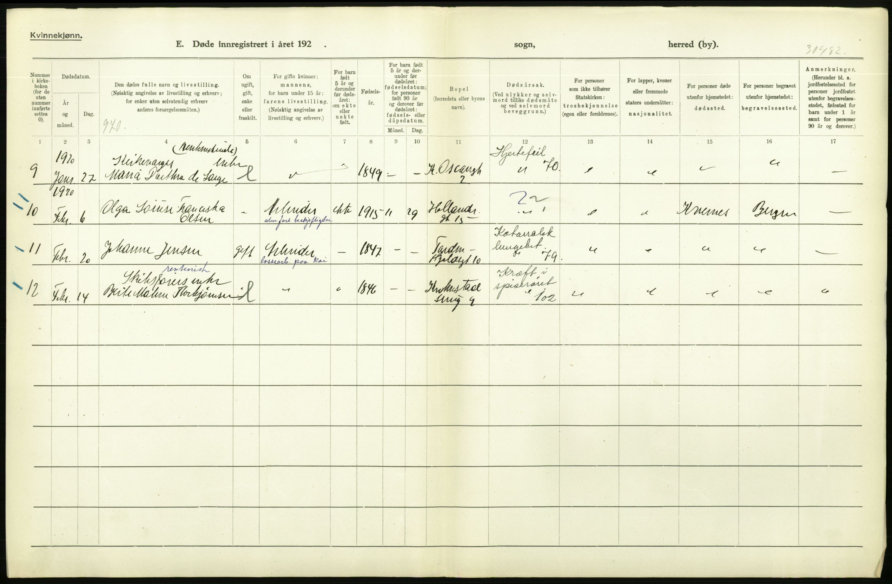 Statistisk sentralbyrå, Sosiodemografiske emner, Befolkning, AV/RA-S-2228/D/Df/Dfb/Dfbj/L0042: Bergen: Gifte, døde, dødfødte., 1920, s. 638