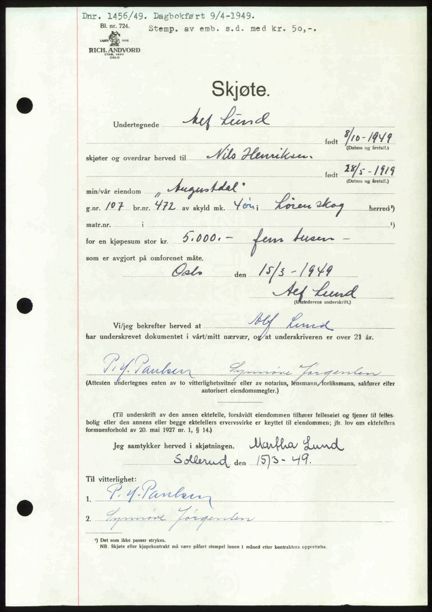 Nedre Romerike sorenskriveri, SAO/A-10469/G/Gb/Gbd/L0025: Pantebok nr. 25, 1949-1949, Dagboknr: 1456/1949