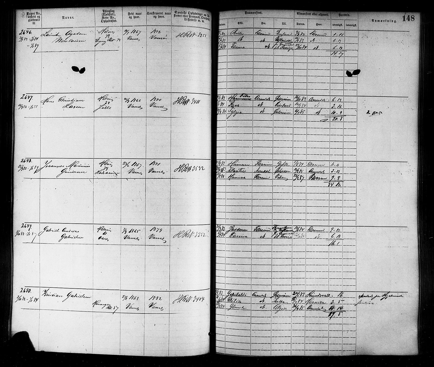 Farsund mønstringskrets, SAK/2031-0017/F/Fa/L0006: Annotasjonsrulle nr 1911-3805 med register, Z-3, 1877-1894, s. 178