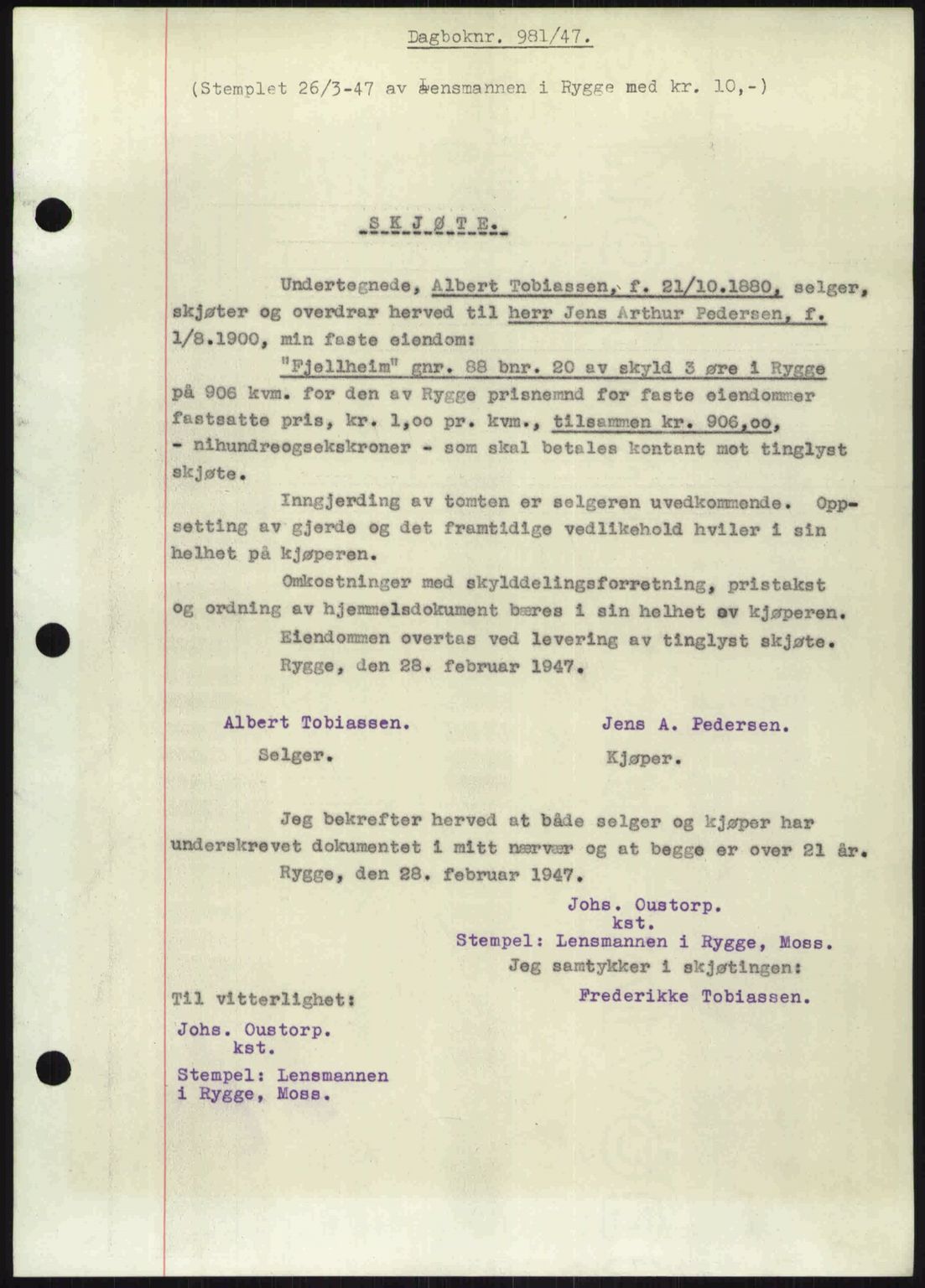 Moss sorenskriveri, SAO/A-10168: Pantebok nr. A17, 1947-1947, Dagboknr: 981/1947