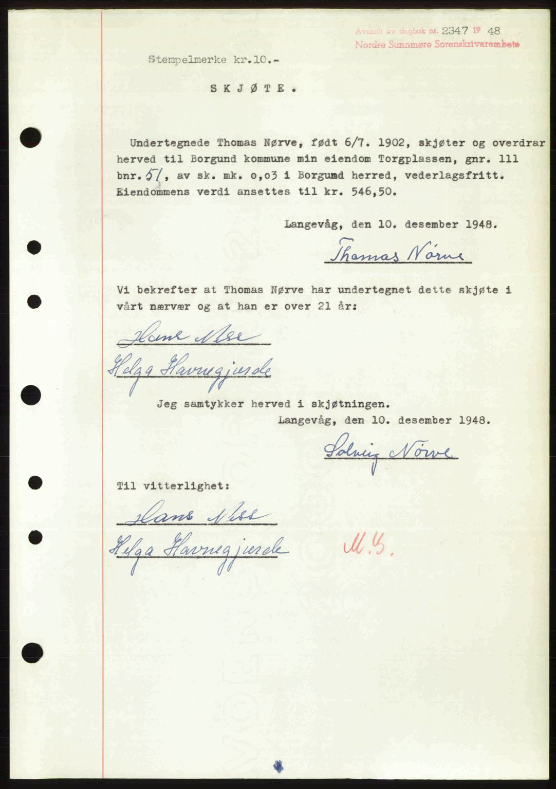 Nordre Sunnmøre sorenskriveri, SAT/A-0006/1/2/2C/2Ca: Pantebok nr. A29, 1948-1949, Dagboknr: 2347/1948