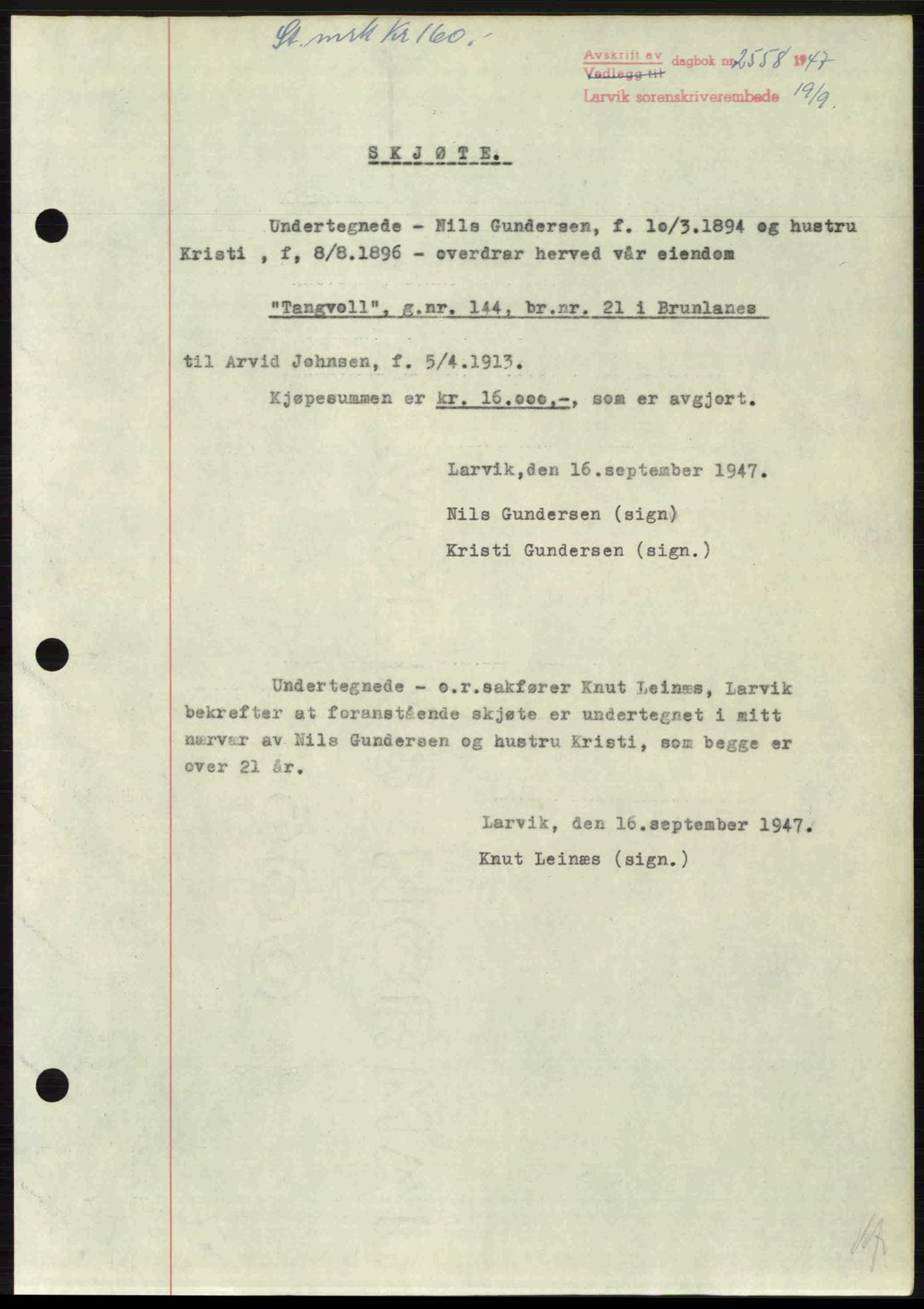 Larvik sorenskriveri, SAKO/A-83/G/Ga/Gab/L0085: Pantebok nr. A-19, 1947-1948, Dagboknr: 2558/1947