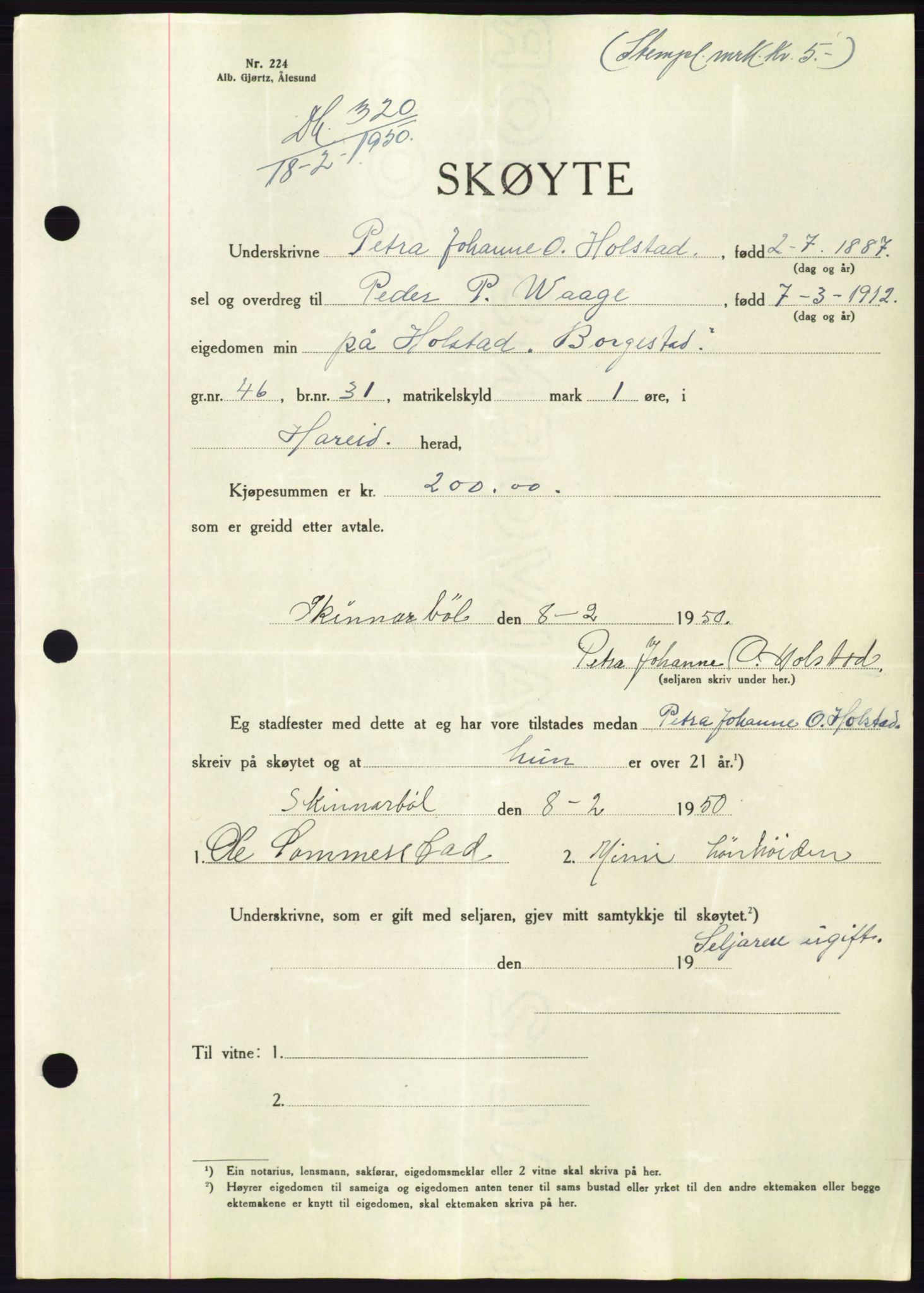 Søre Sunnmøre sorenskriveri, SAT/A-4122/1/2/2C/L0086: Pantebok nr. 12A, 1949-1950, Dagboknr: 320/1950