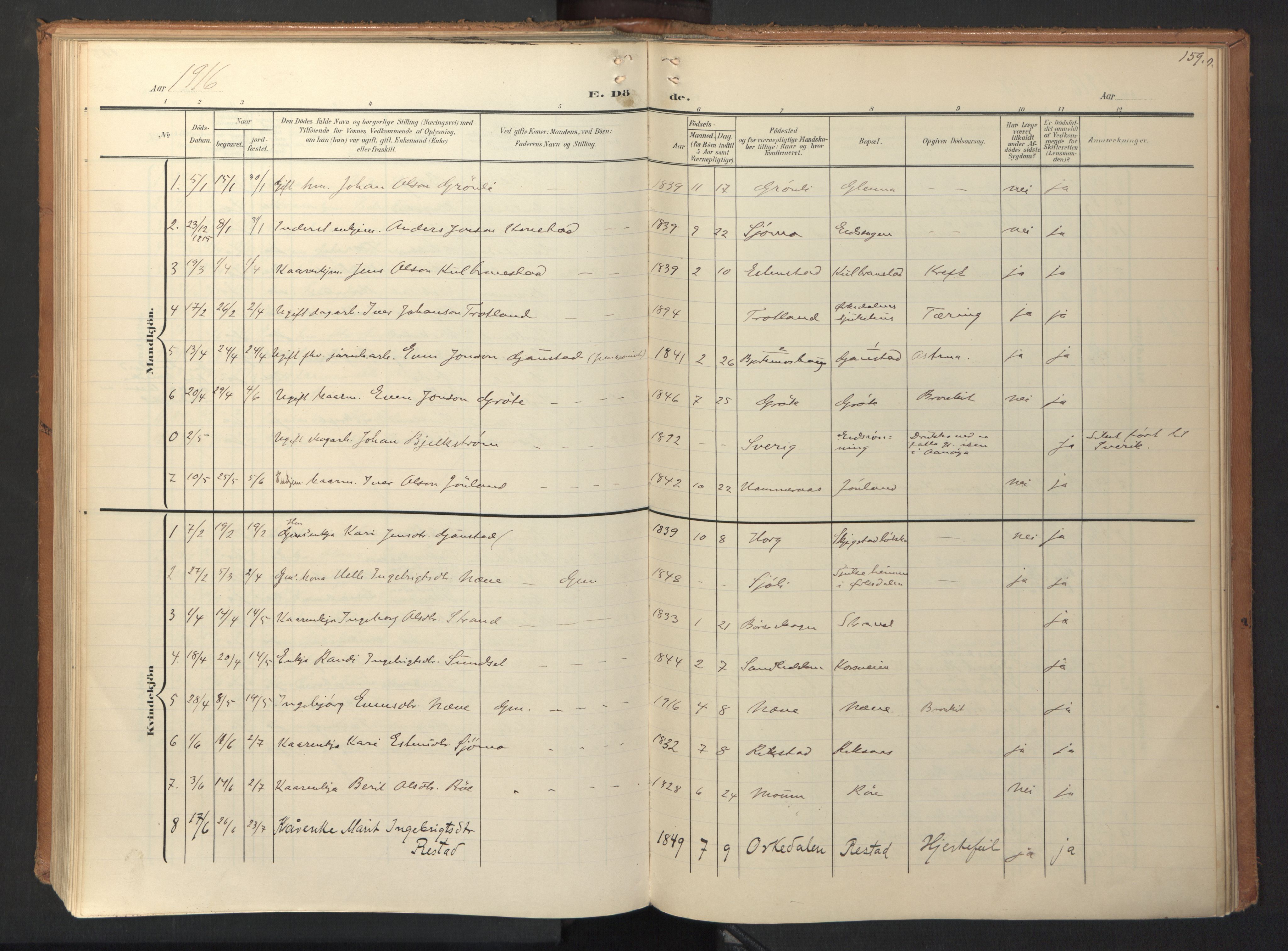 Ministerialprotokoller, klokkerbøker og fødselsregistre - Sør-Trøndelag, SAT/A-1456/694/L1128: Ministerialbok nr. 694A02, 1906-1931, s. 159