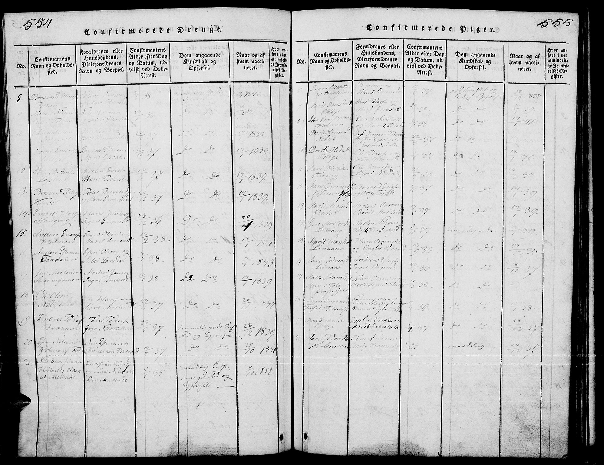 Tynset prestekontor, SAH/PREST-058/H/Ha/Hab/L0001: Klokkerbok nr. 1, 1814-1859, s. 554-555
