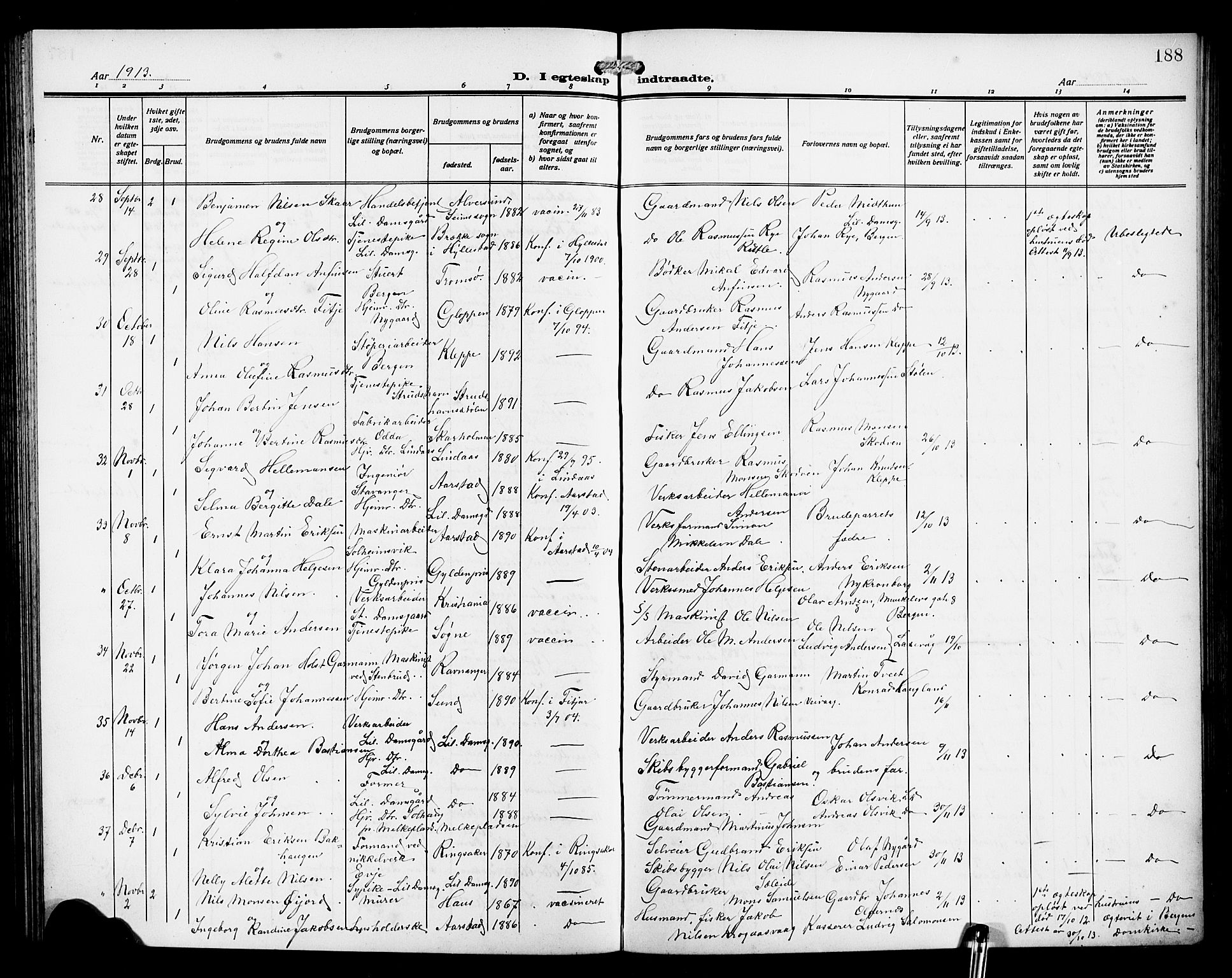Laksevåg Sokneprestembete, AV/SAB-A-76501/H/Ha/Hab/Haba/L0005: Klokkerbok nr. A 5, 1910-1917, s. 188