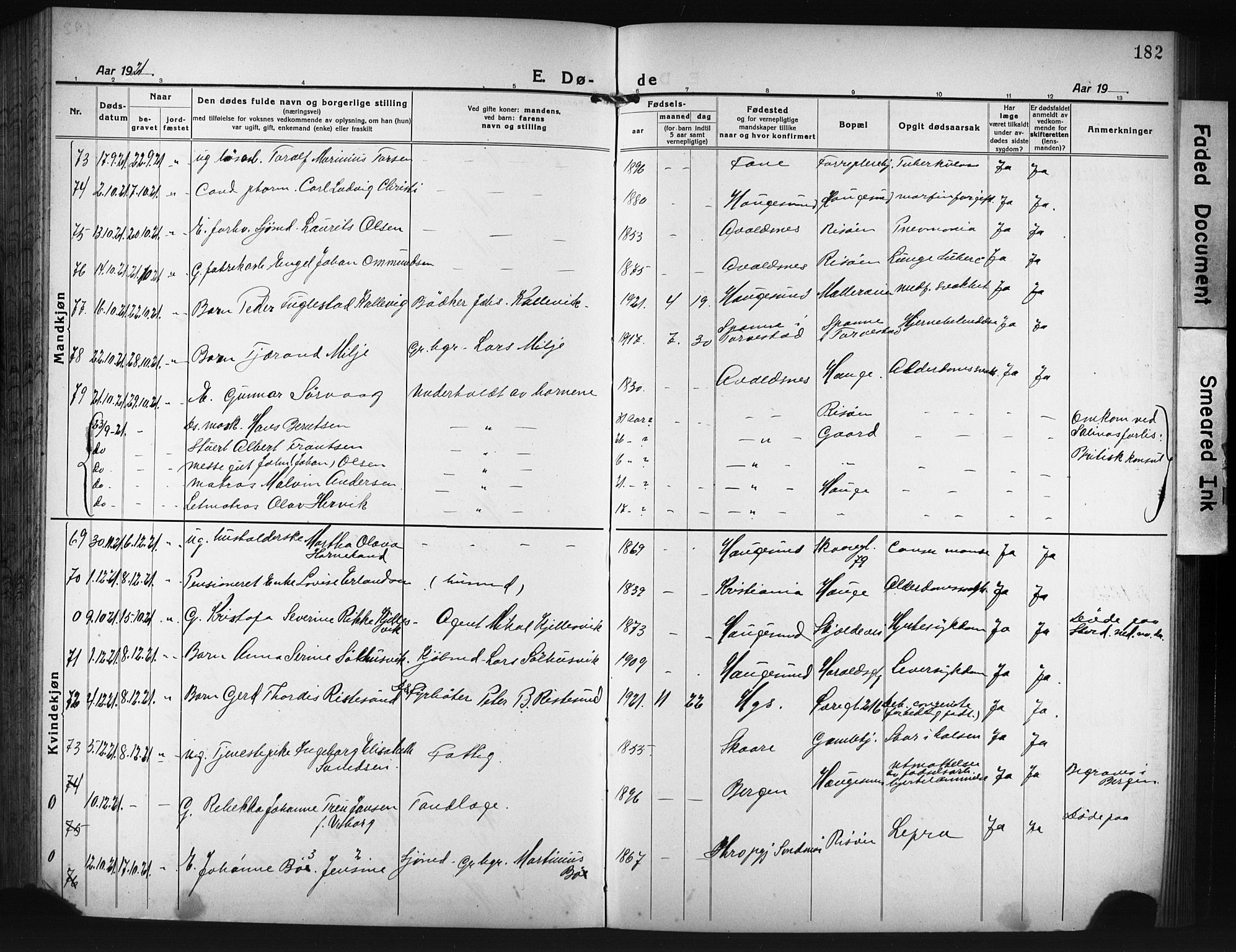 Haugesund sokneprestkontor, AV/SAST-A -101863/H/Ha/Hab/L0010: Klokkerbok nr. B 10, 1920-1931, s. 182