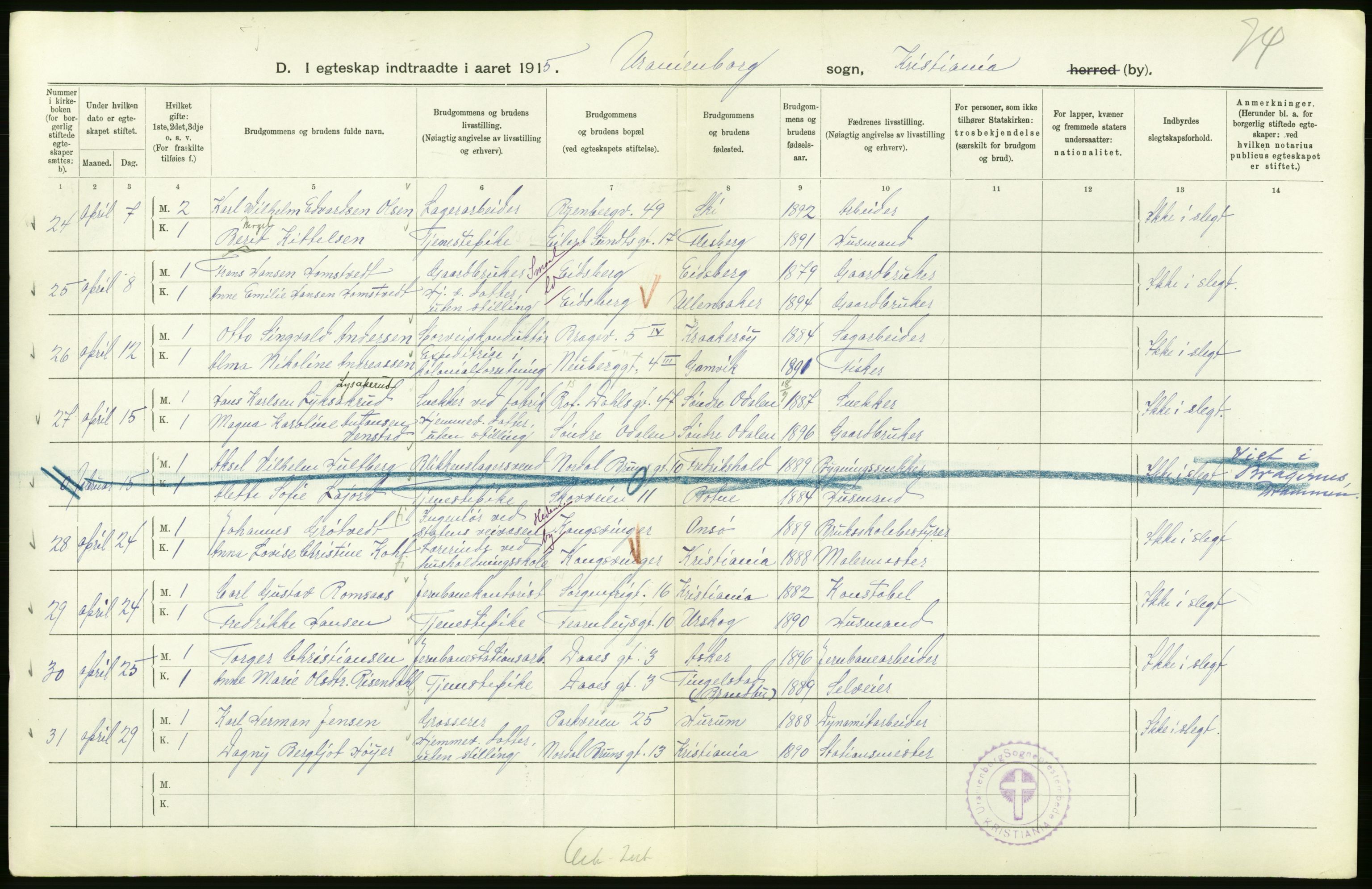 Statistisk sentralbyrå, Sosiodemografiske emner, Befolkning, AV/RA-S-2228/D/Df/Dfb/Dfbe/L0008: Kristiania: Gifte., 1915, s. 240