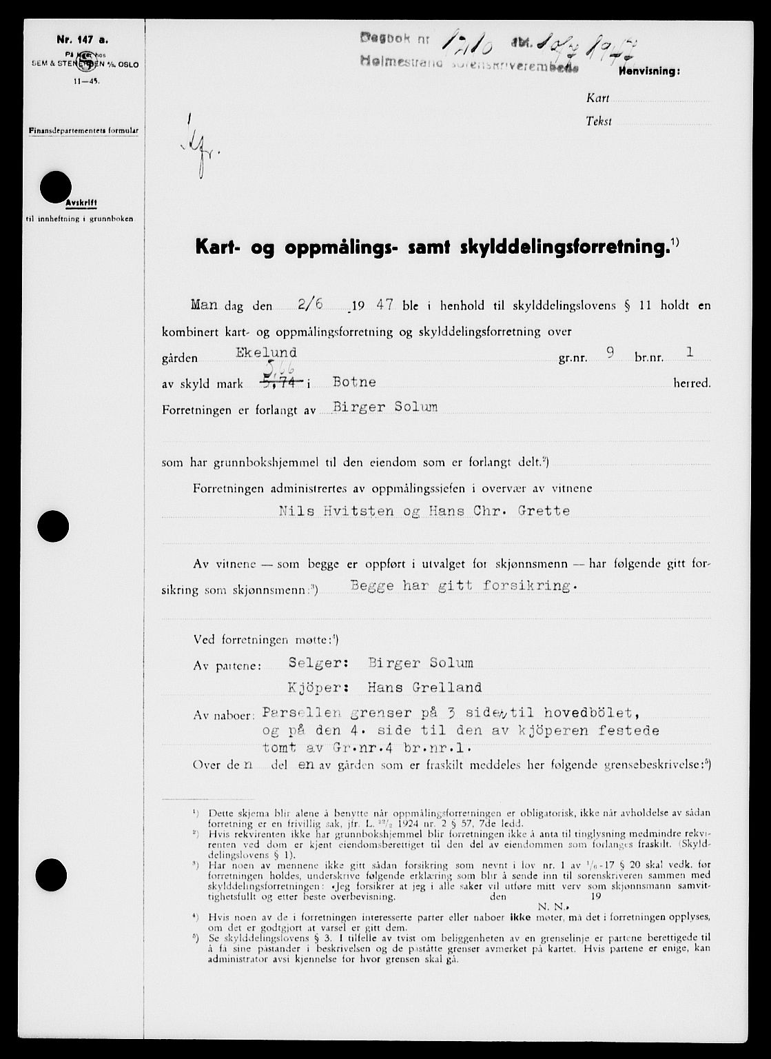 Holmestrand sorenskriveri, SAKO/A-67/G/Ga/Gaa/L0062: Pantebok nr. A-62, 1947-1947, Dagboknr: 1210/1947