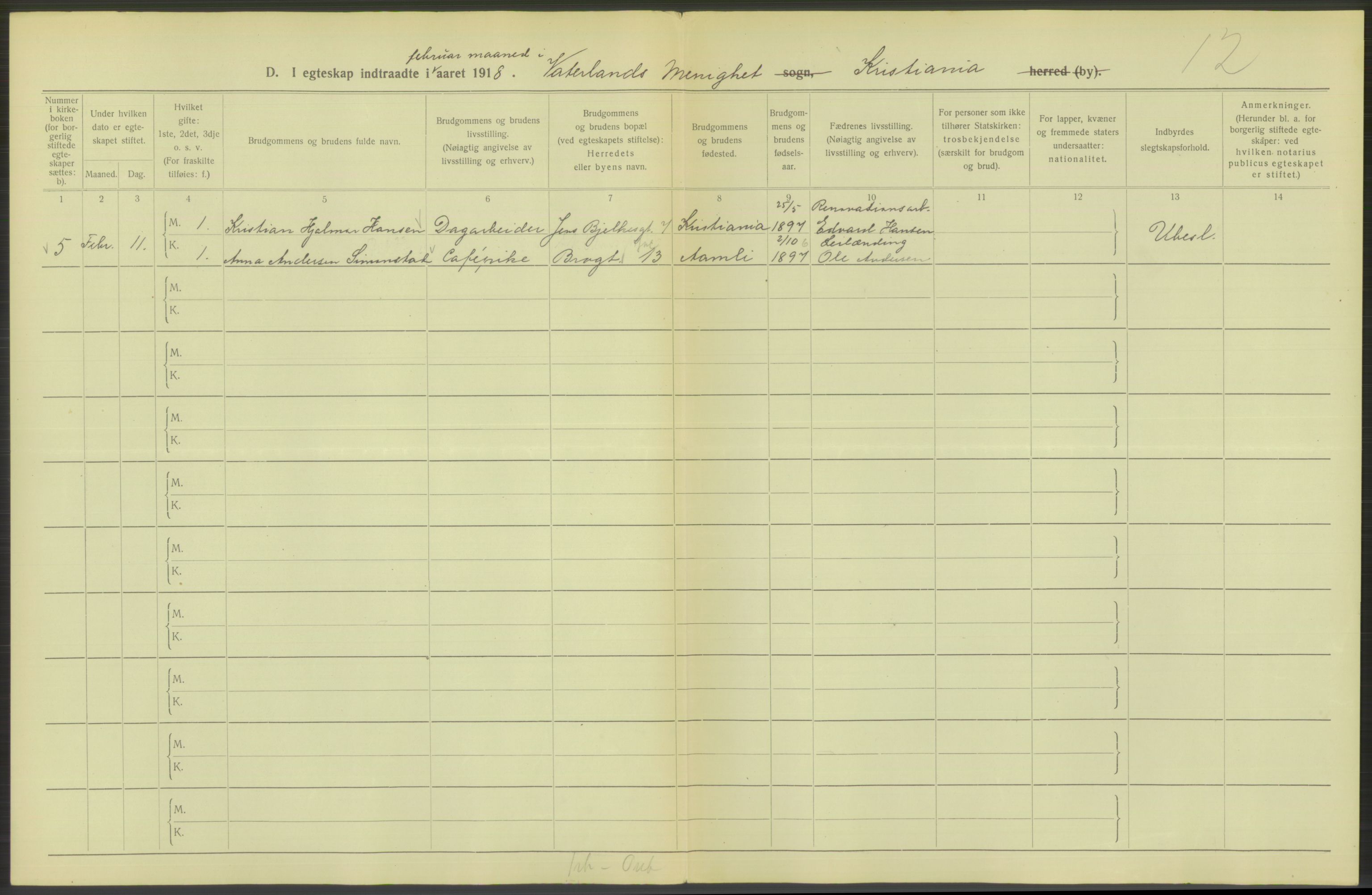 Statistisk sentralbyrå, Sosiodemografiske emner, Befolkning, AV/RA-S-2228/D/Df/Dfb/Dfbh/L0009: Kristiania: Gifte, 1918, s. 990