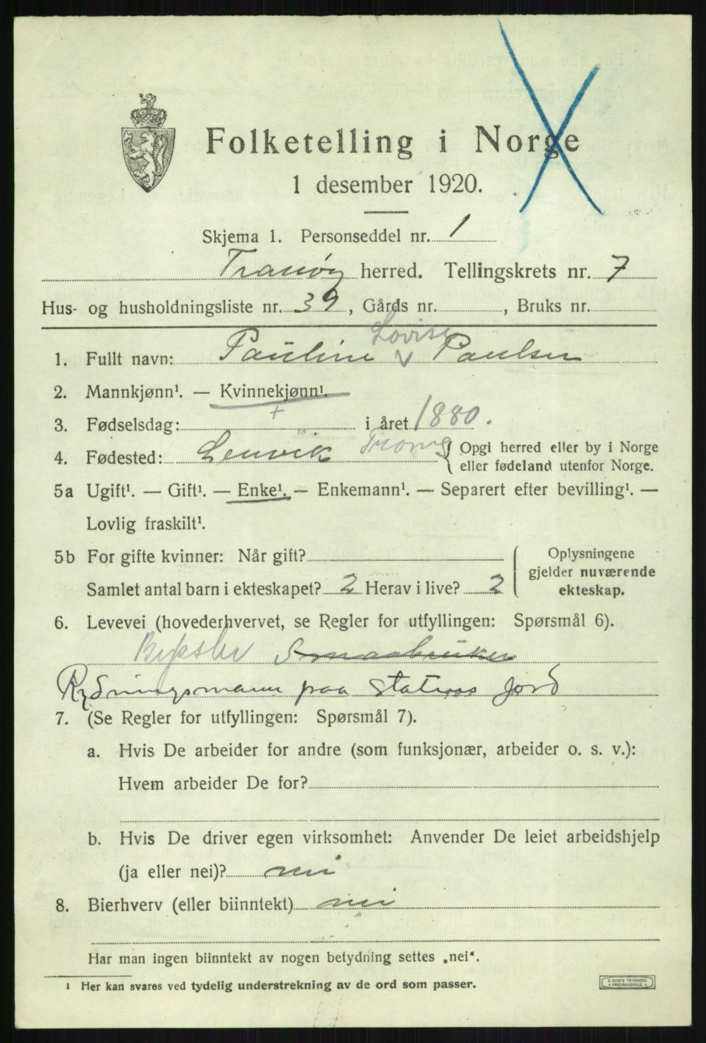 SATØ, Folketelling 1920 for 1927 Tranøy herred, 1920, s. 3801