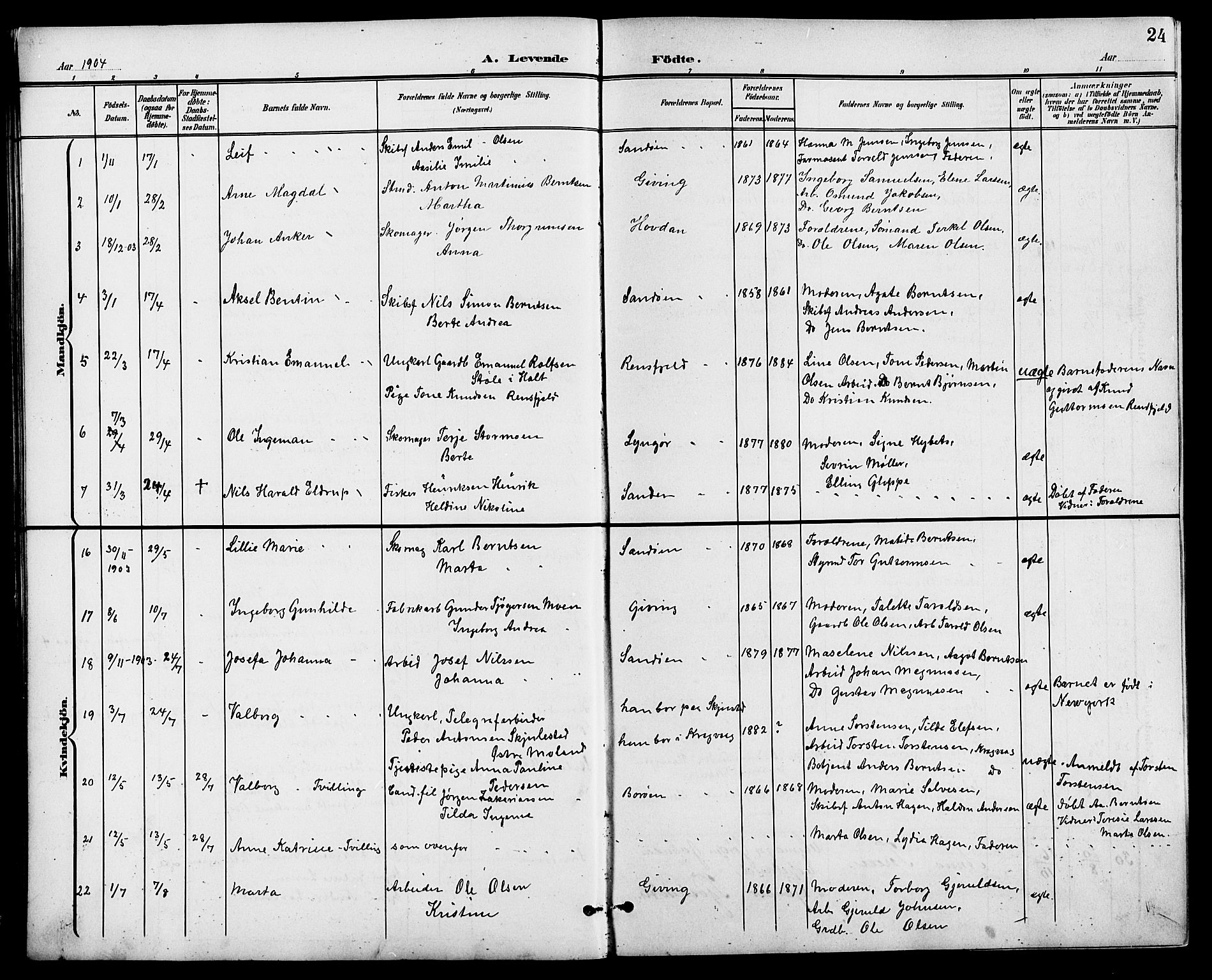 Dypvåg sokneprestkontor, AV/SAK-1111-0007/F/Fb/Fba/L0014: Klokkerbok nr. B 14, 1901-1922, s. 24