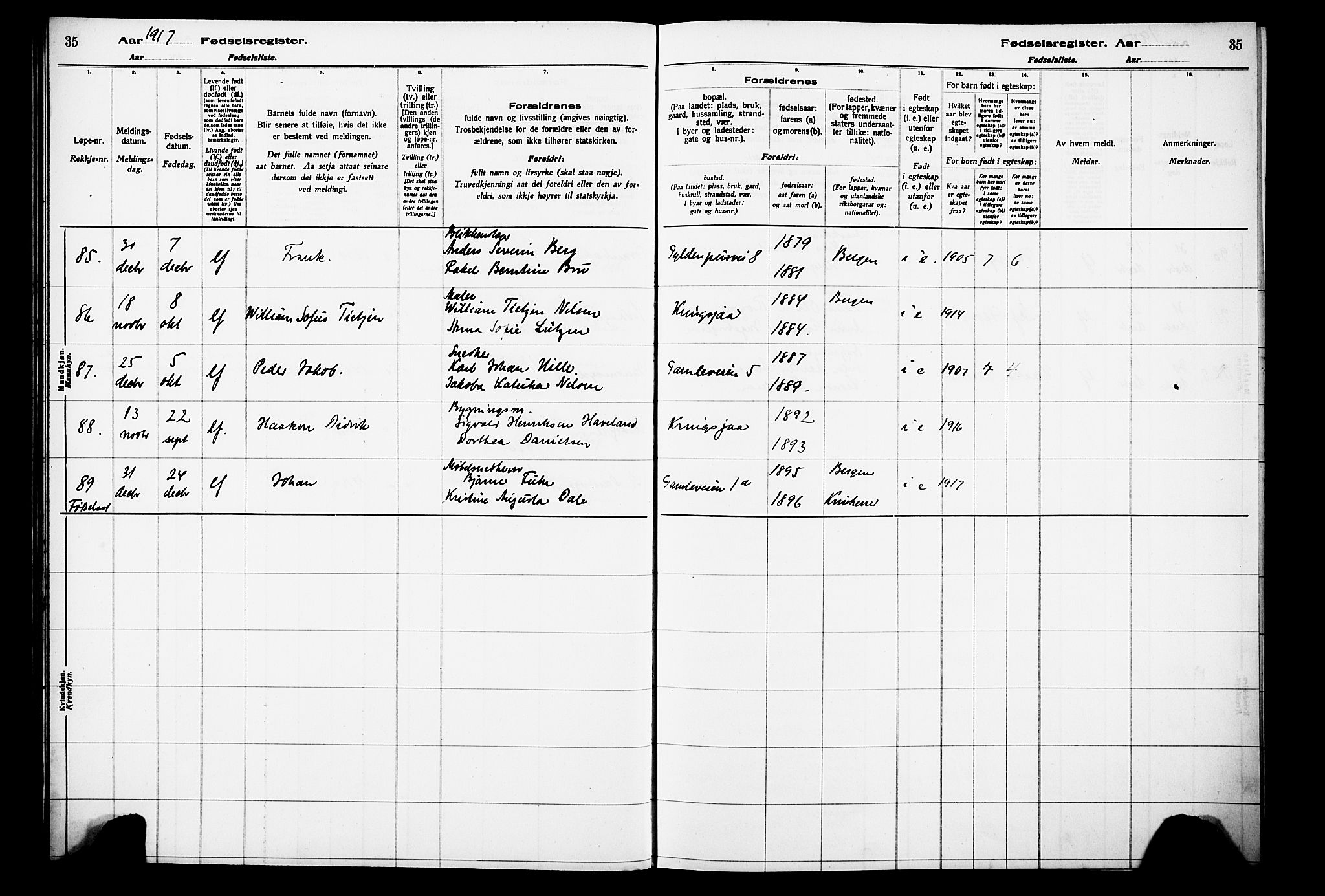 Laksevåg Sokneprestembete, AV/SAB-A-76501/I/Id/L00A1: Fødselsregister nr. A 1, 1916-1926, s. 35