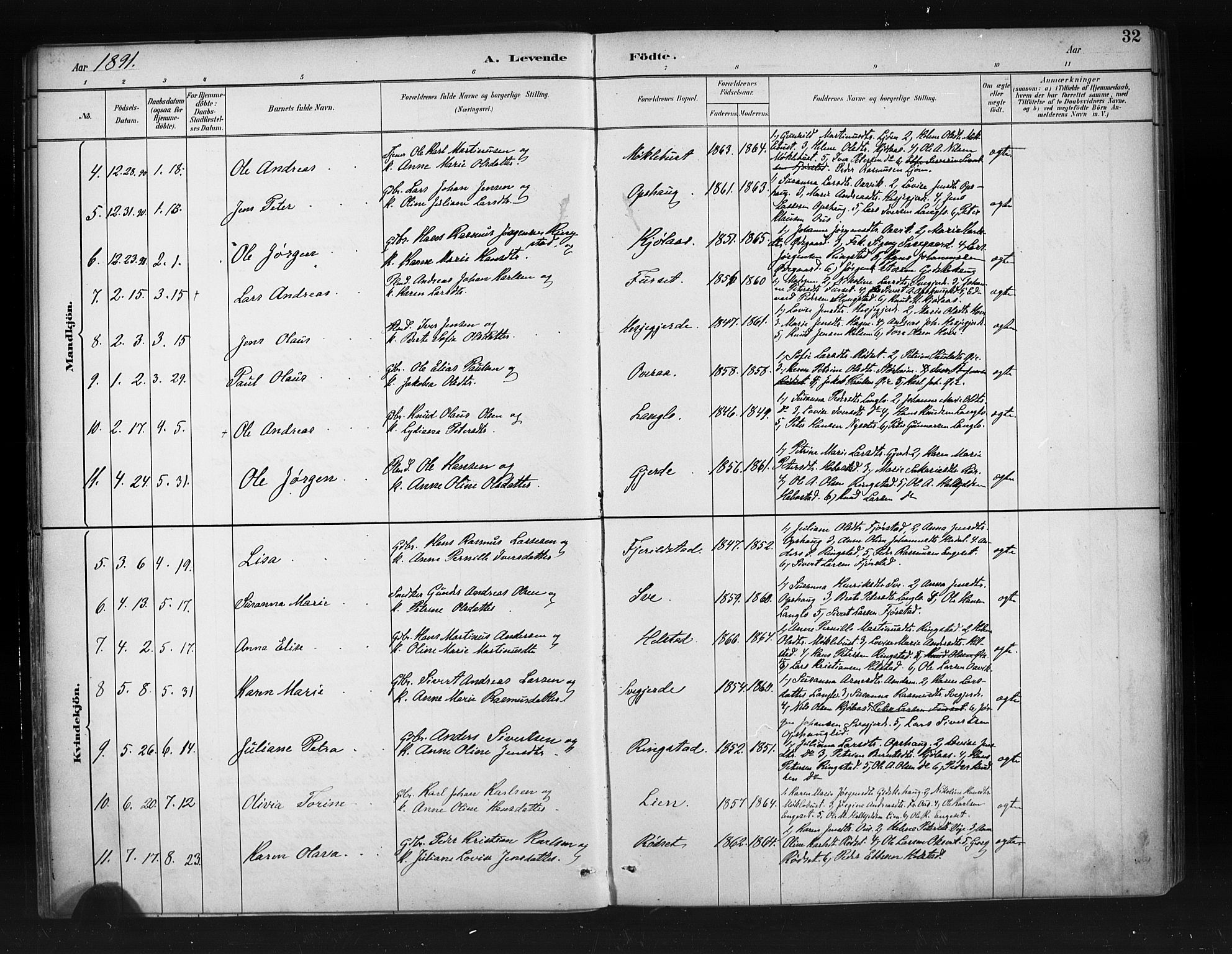 Ministerialprotokoller, klokkerbøker og fødselsregistre - Møre og Romsdal, AV/SAT-A-1454/520/L0283: Ministerialbok nr. 520A12, 1882-1898, s. 32