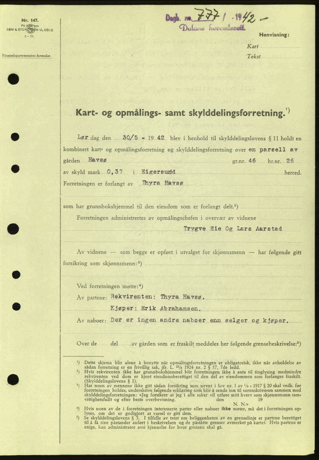 Dalane sorenskriveri, SAST/A-100309/02/G/Gb/L0045: Pantebok nr. A6, 1941-1942, Dagboknr: 777/1942