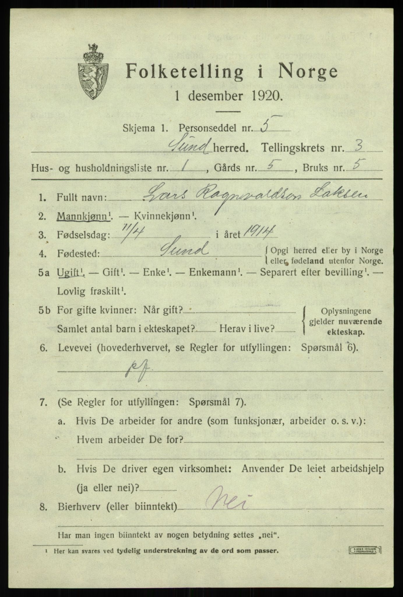 SAB, Folketelling 1920 for 1245 Sund herred, 1920, s. 1831