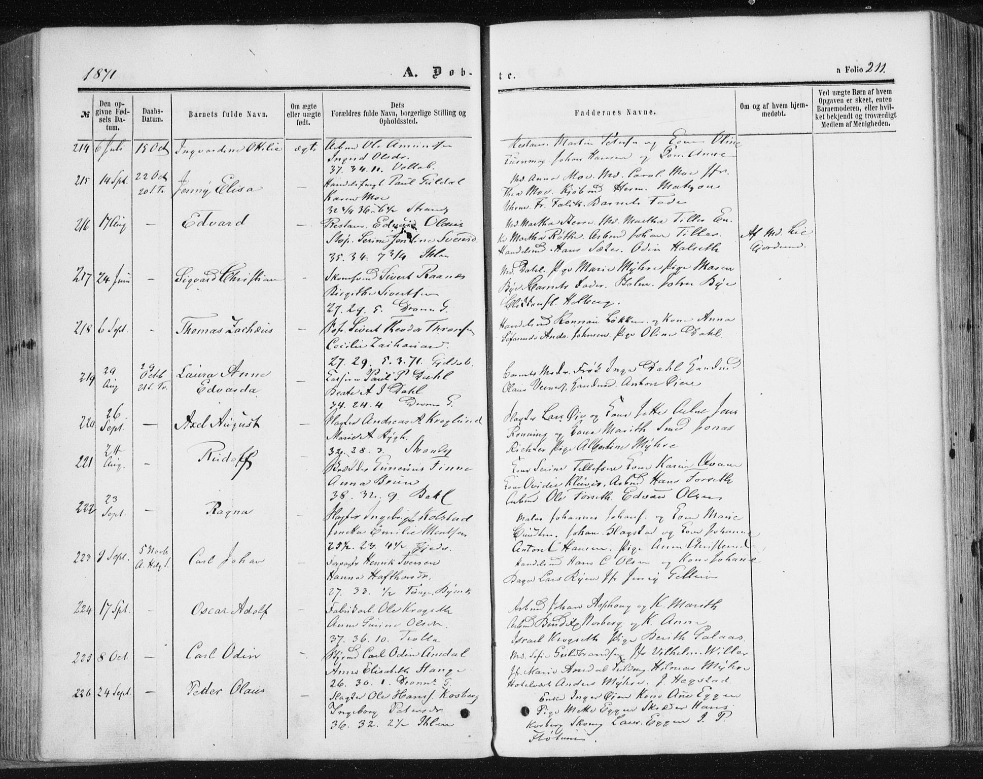 Ministerialprotokoller, klokkerbøker og fødselsregistre - Sør-Trøndelag, SAT/A-1456/602/L0115: Ministerialbok nr. 602A13, 1860-1872, s. 211