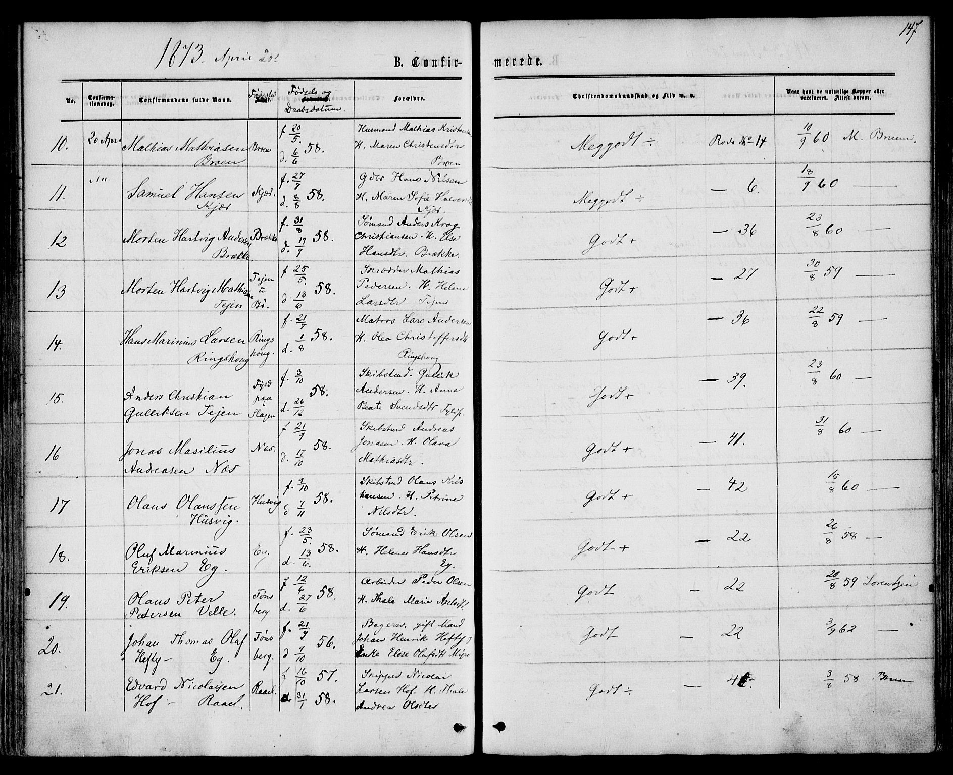 Sem kirkebøker, AV/SAKO-A-5/F/Fa/L0008: Ministerialbok nr. I 8, 1866-1873, s. 147