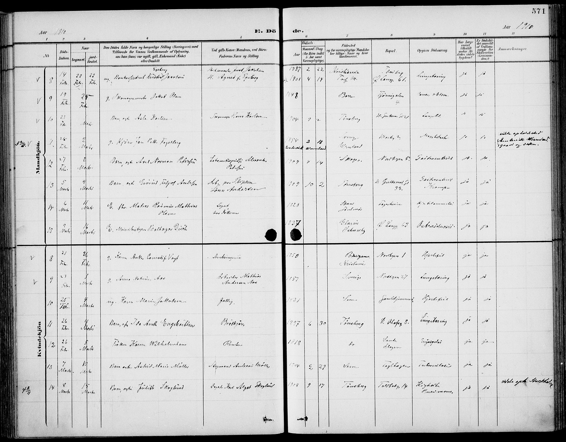 Tønsberg kirkebøker, AV/SAKO-A-330/F/Fa/L0013: Ministerialbok nr. I 13, 1900-1913, s. 571