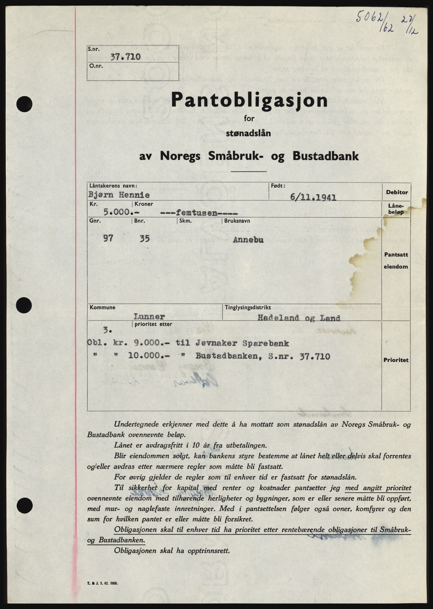 Hadeland og Land tingrett, SAH/TING-010/H/Hb/Hbc/L0050: Pantebok nr. B50, 1962-1963, Dagboknr: 5062/1962