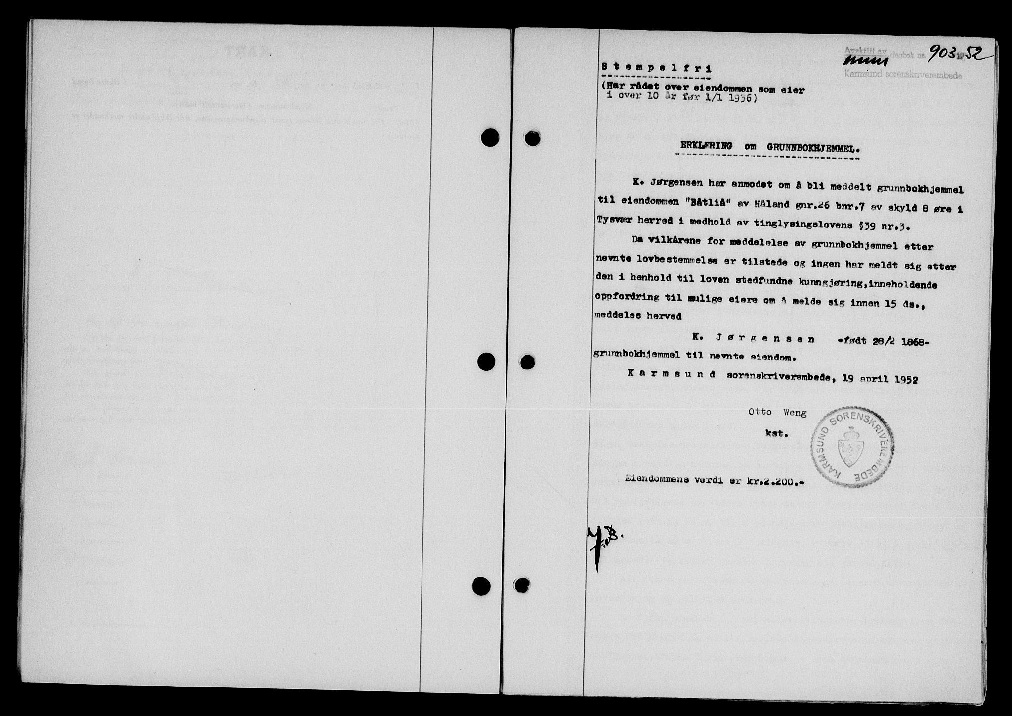 Karmsund sorenskriveri, SAST/A-100311/01/II/IIB/L0105: Pantebok nr. 85A, 1952-1952, Dagboknr: 903/1952